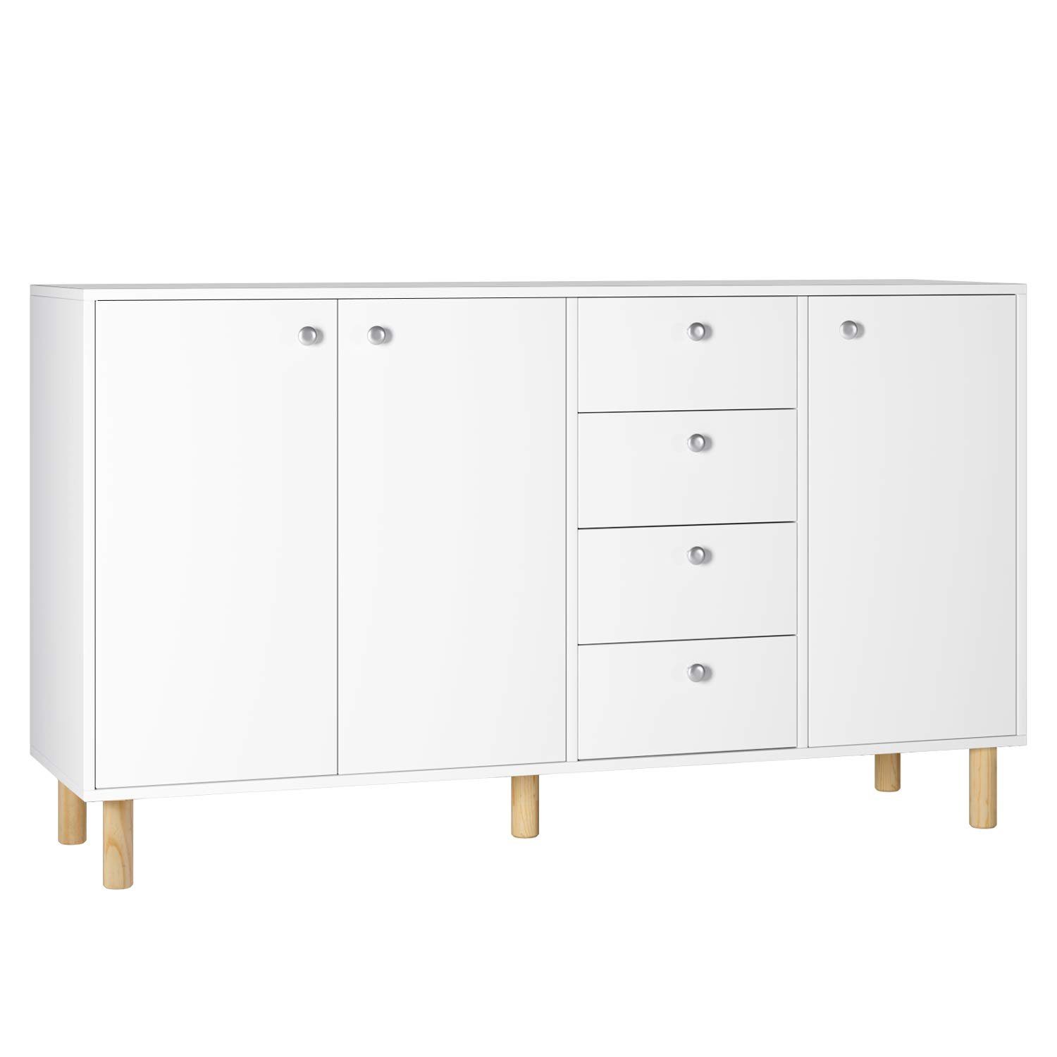 Homfa Sideboard, Kommode, Küchenschrank, mit 3 Türen und 4 Schubladen, weiß, 140x40x80cm