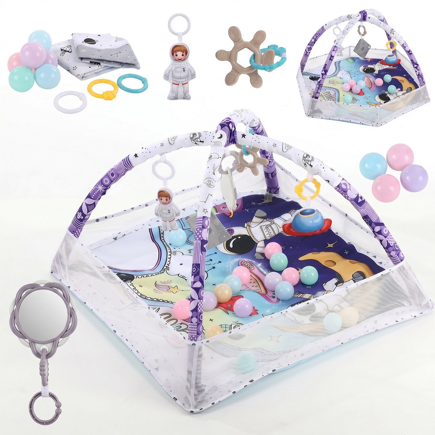 oyajia Spielbogen Baby Spielmatte Zaun Fitness Krabbeldecke Spielecke 75x75×50cm, (5 Plastikspielzeug, 1 weichen Spiegel, 18 Meeresbälle, Faltbare Matte,Spielbogen für Babys Aktivitätsdecke,Meeresspielzeug), Geeignet für Neugeborene von 0–12 Monaten zur Wachstumserkundung