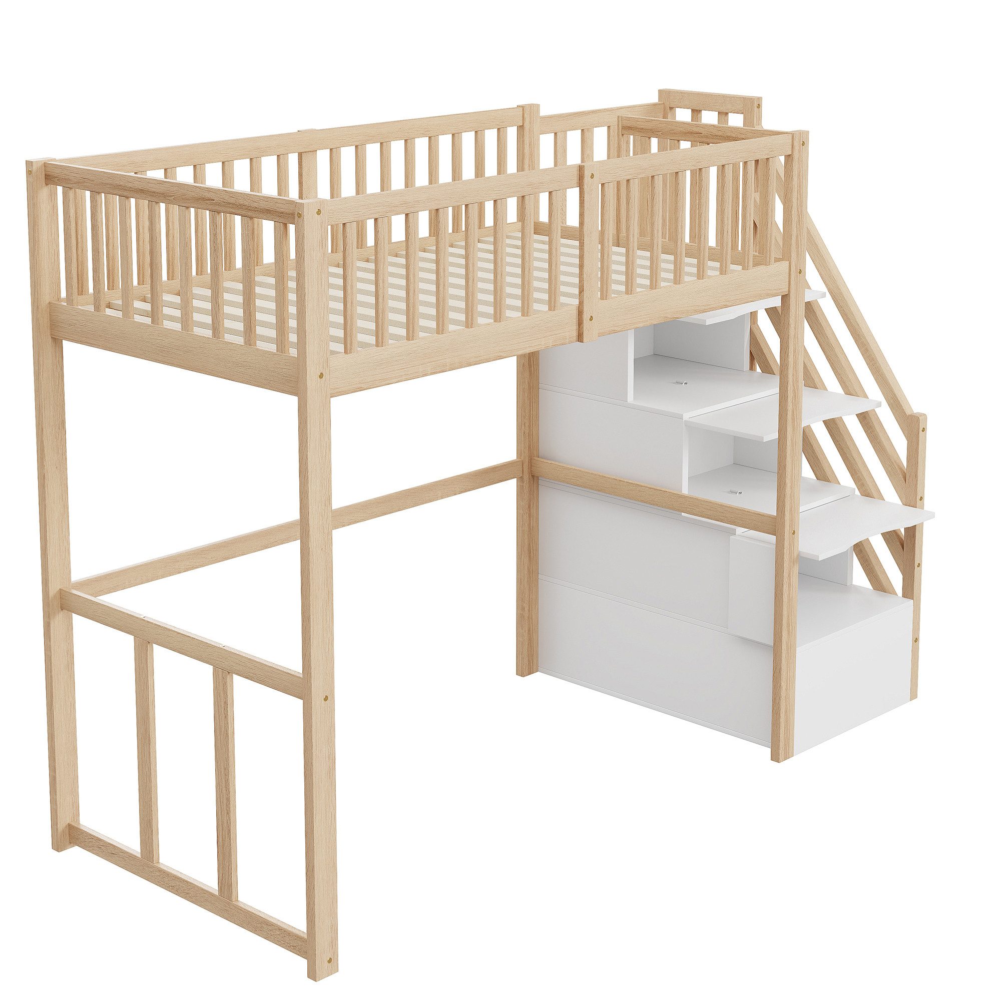 Merax Hochbett (viel Platz unter dem Bett, 1-St., Etagenbett Jugendbett Einzelbett, stabil & platzsparend) Kiefer Kinderbett 90x200cm mit Stauraumtreppe & Siche – Bild 5 von 5