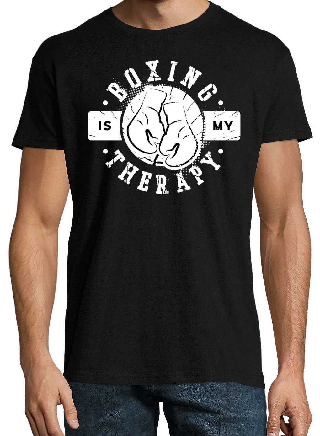 Shirt trendigem My Herren Schwarz Is Designz mit Youth Boxen Therapie T-Shirt Frontprint