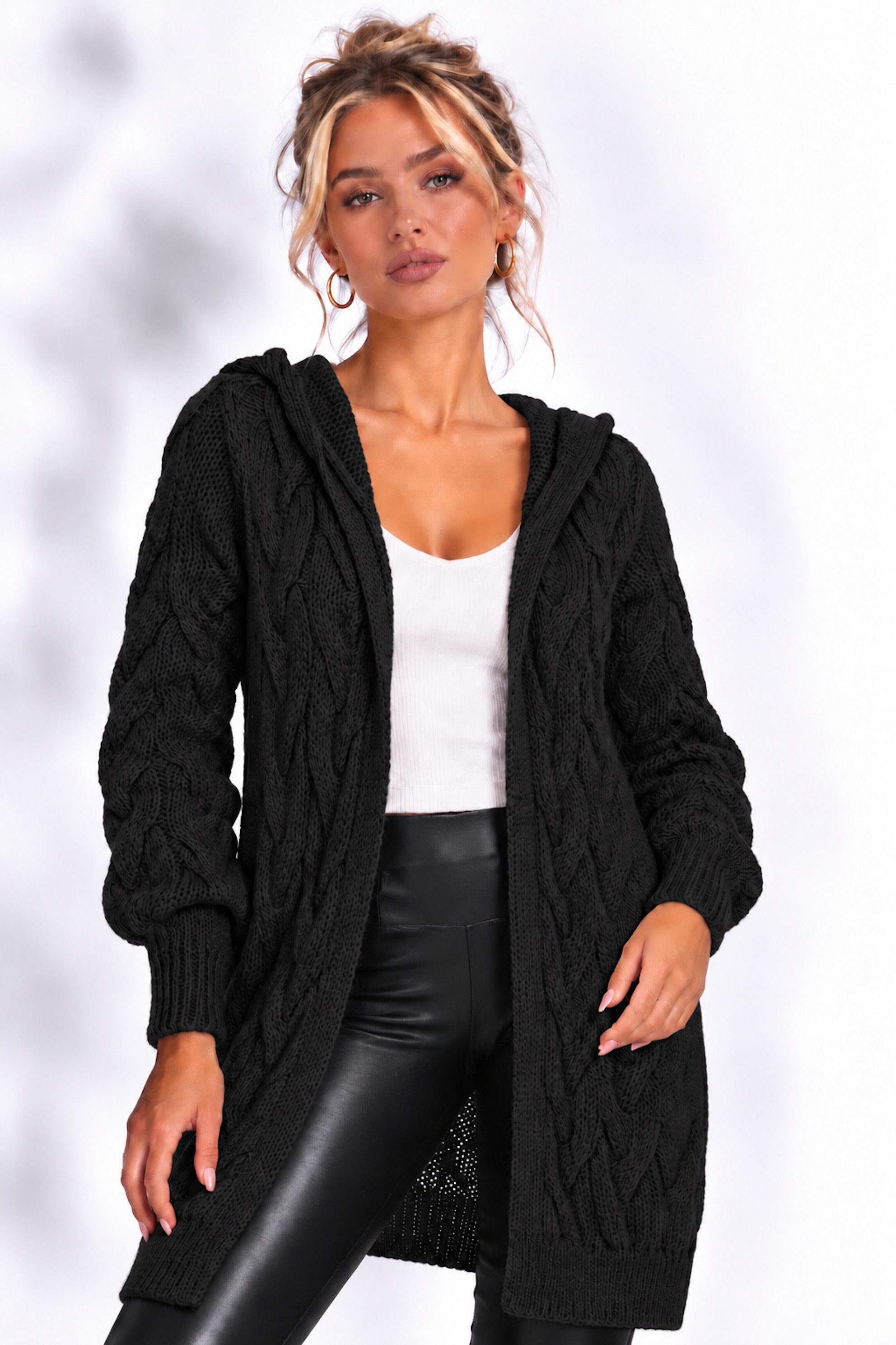 Worldclassca Kapuzenstrickjacke Worldclassca lange Strickjacke Zopfmuster Cardigan Kapuze Bolero Neue Kollektion - Stilvolle und gemütliche Strick Mode für Damen