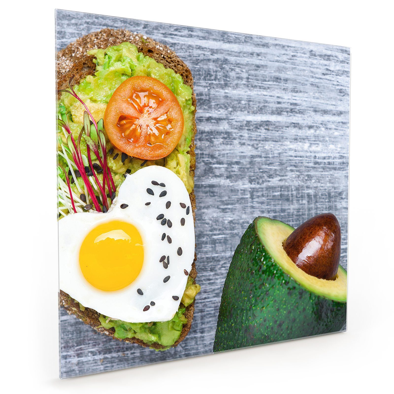 Primedeco Küchenrückwand Küchenrückwand Spritzschutz Glas mit Motiv Avocado und Spiegelei