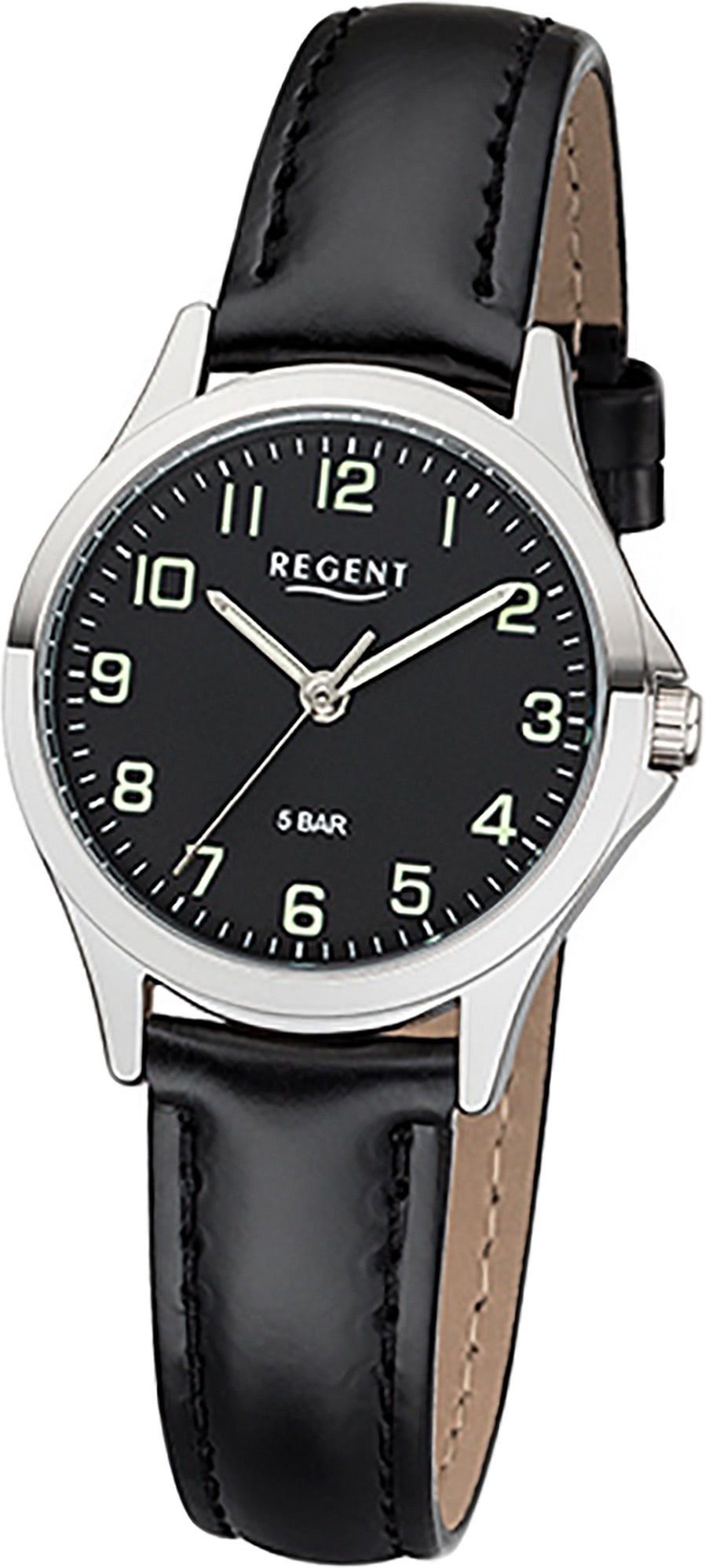 Regent Quarzuhr Regent Leder Damen Uhr 2112419 Analog, Damenuhr Lederarmband schwarz, rundes Gehäuse, klein (ca. 29mm)