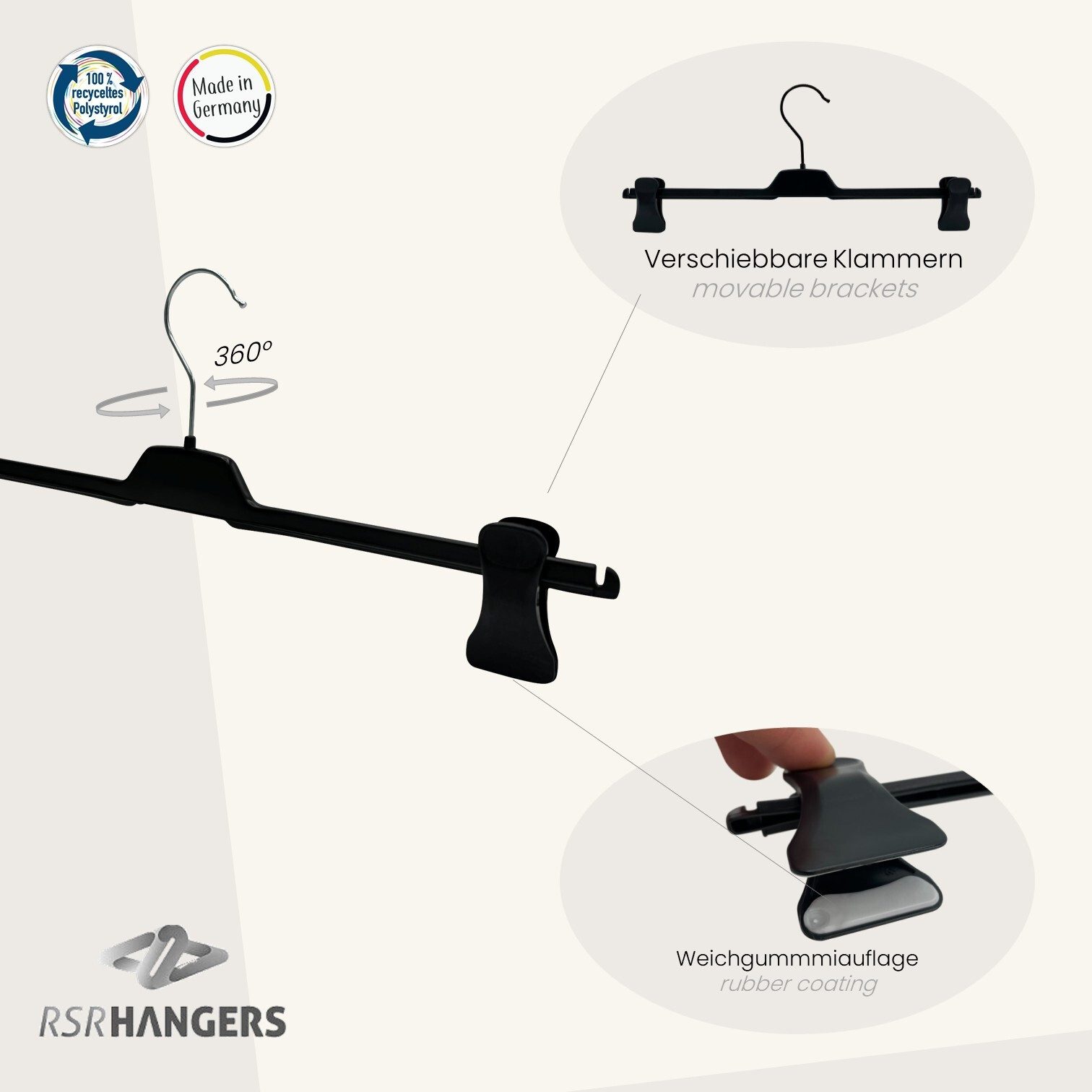 RSR Hangers Kleiderbügel Hosenbügel Rockbügel PUC 42 cm XL Kunststoff 360° Haken Schwarz, (20-tlg)