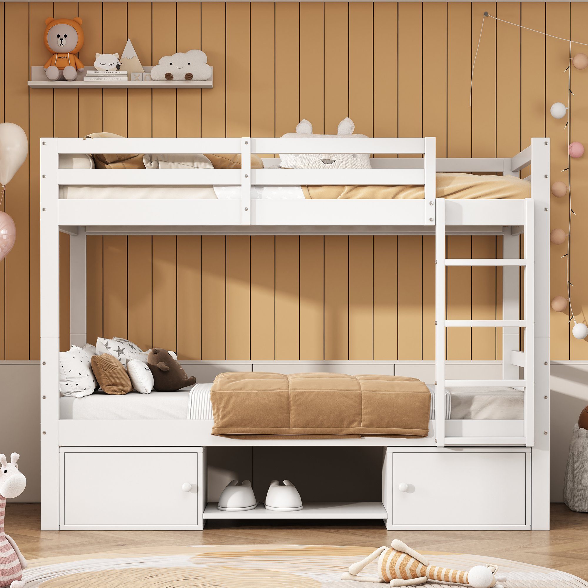 Flieks Etagenbett, Massivholz Kinderbett Schuhregale/Stauraumfächer/Umwande günstig online kaufen
