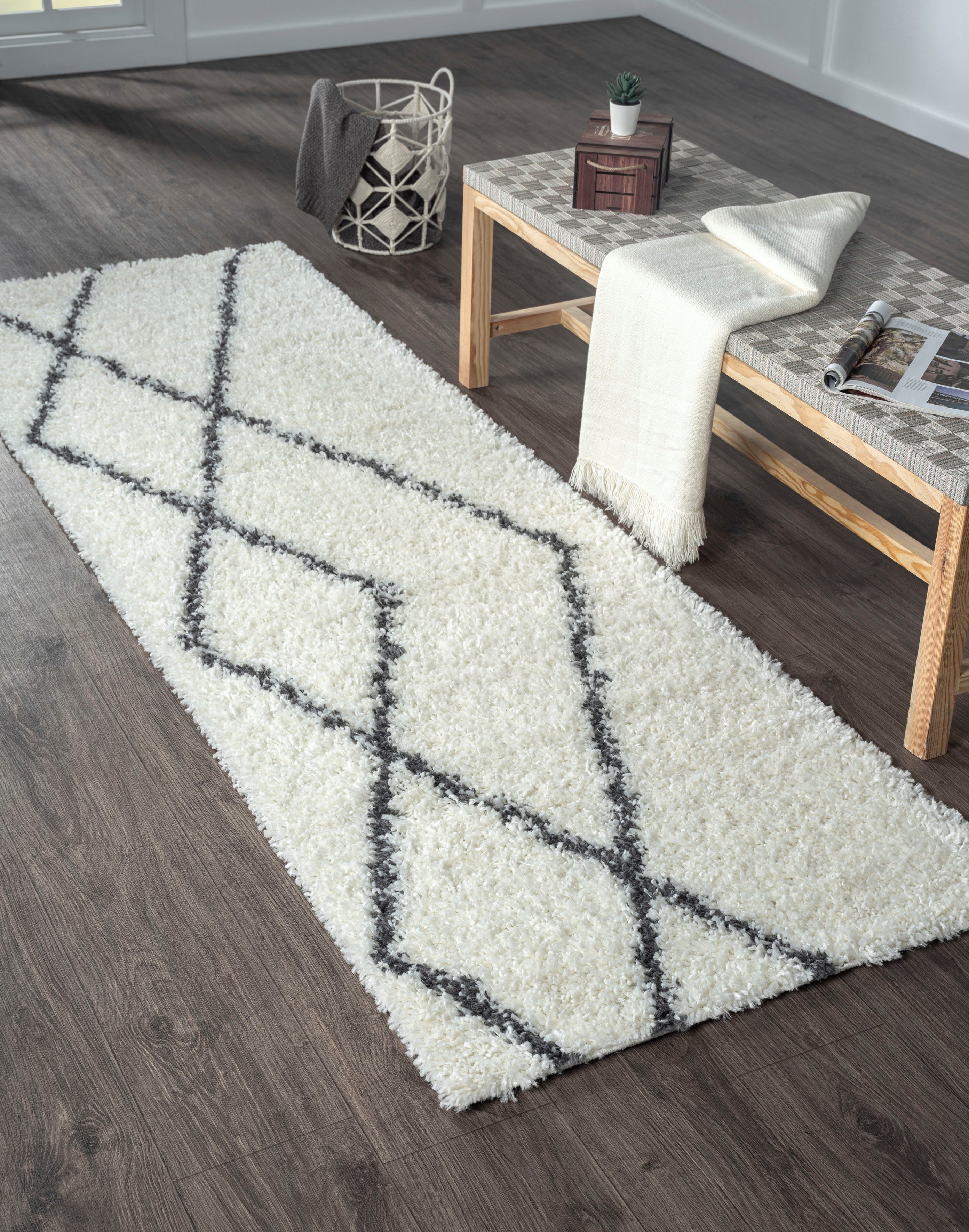 Myflair Möbel & Accessoires Hochflor-Läufer My Shaggy Raute, rechteckig, Höhe: 37 mm, Shaggy, Scandi Rauten Design, leicht glänzend, extra flauschig