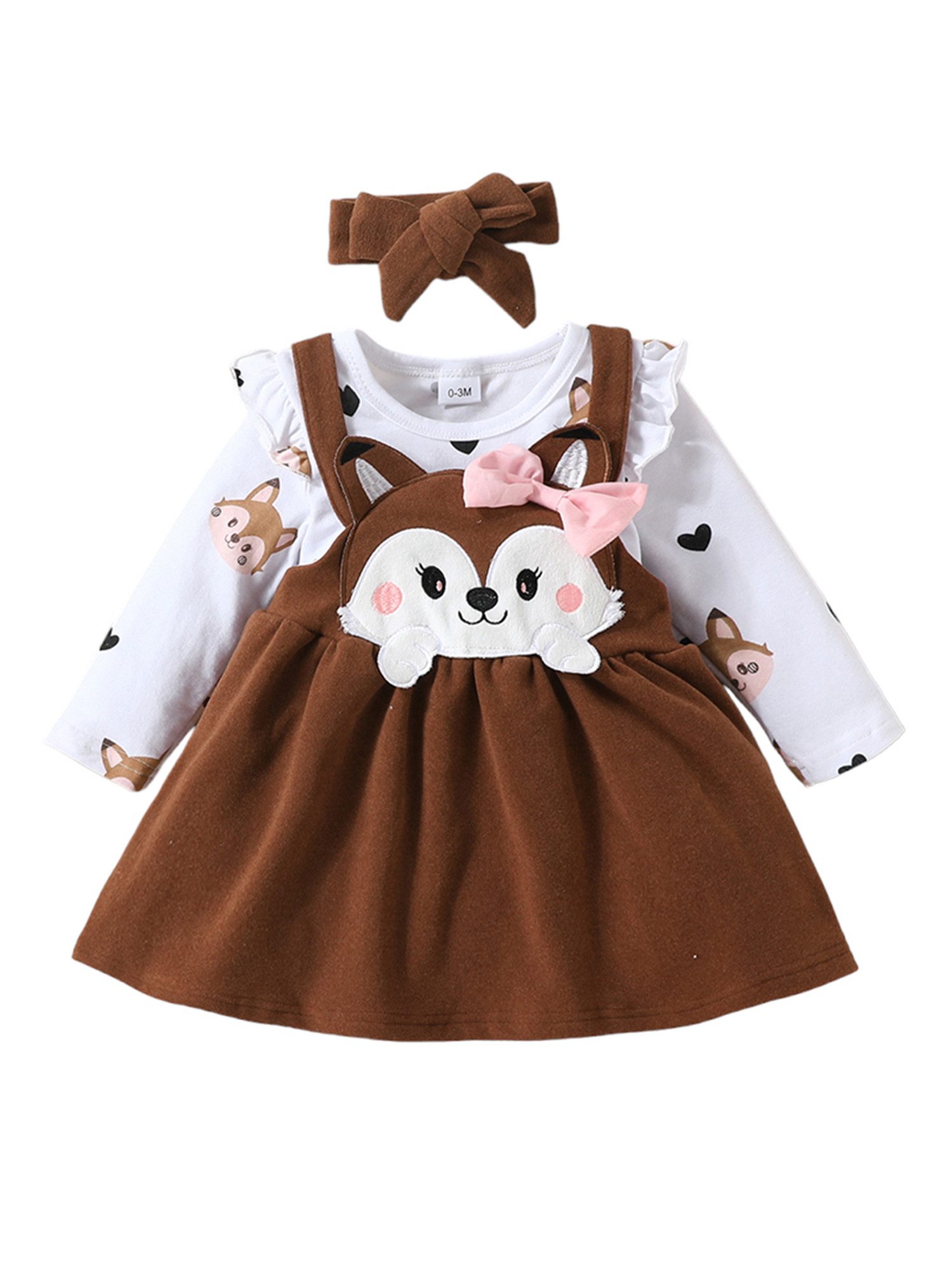 T-Shirt & Kleid Baby Mädchen Süß Tierdruck Strampler Latzkleid + Stirnband Outfits Set