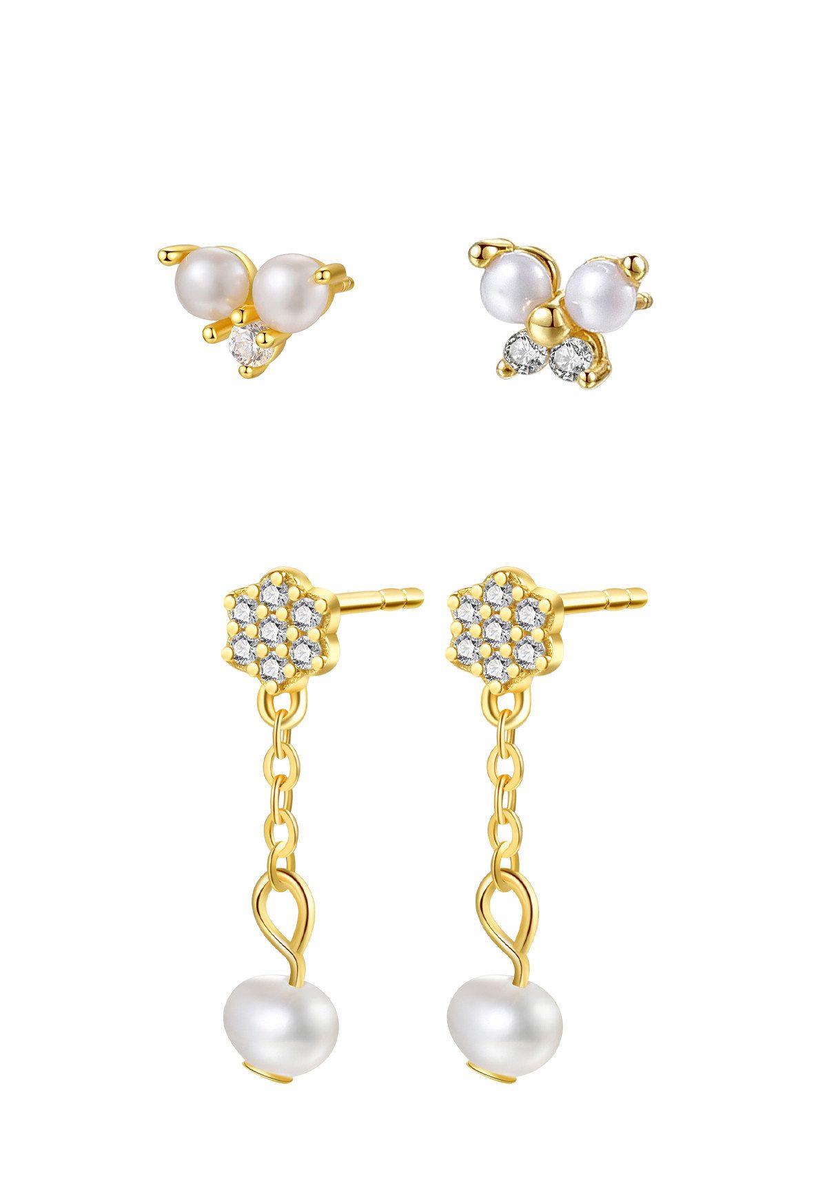 Hey Happiness Серьги-гвоздики-Set Schmetterling, Blume & Perle, Ohrring-Set Damen 925 Silber vergoldet