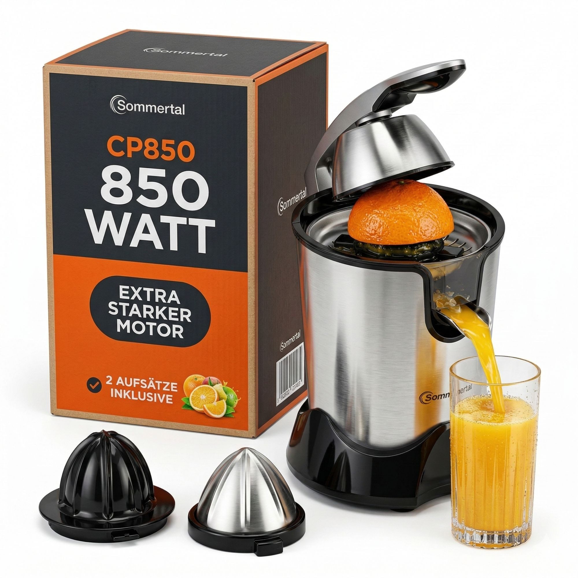 Sommertal 2in1 Zitruspresse Sommertal Zitruspresse CP850 elektrische Saftpresse inkl. 2 Presskegel, 850 W, manuelle Handpresse, Orangenpresse Zitronenpresse aus Edelstahl