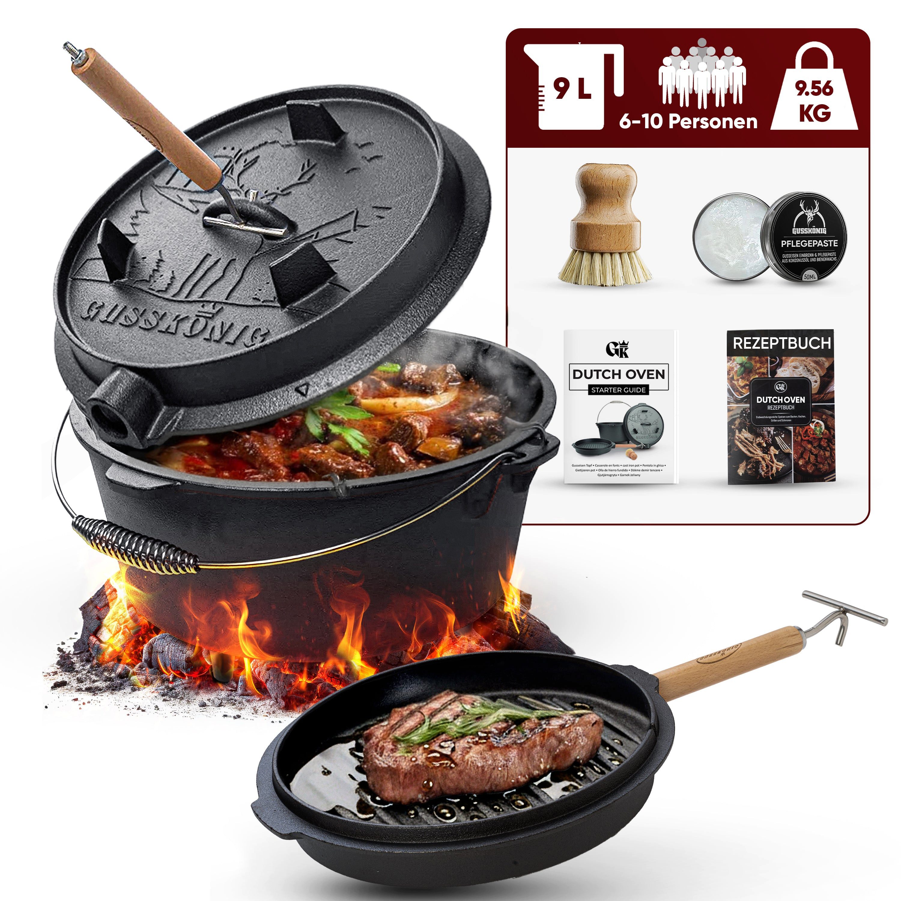 GUSSKÖNIG Grilltopf GUSSKÖNIG Dutch Oven Topf mit Füßen 9Liter+Pflegepaste