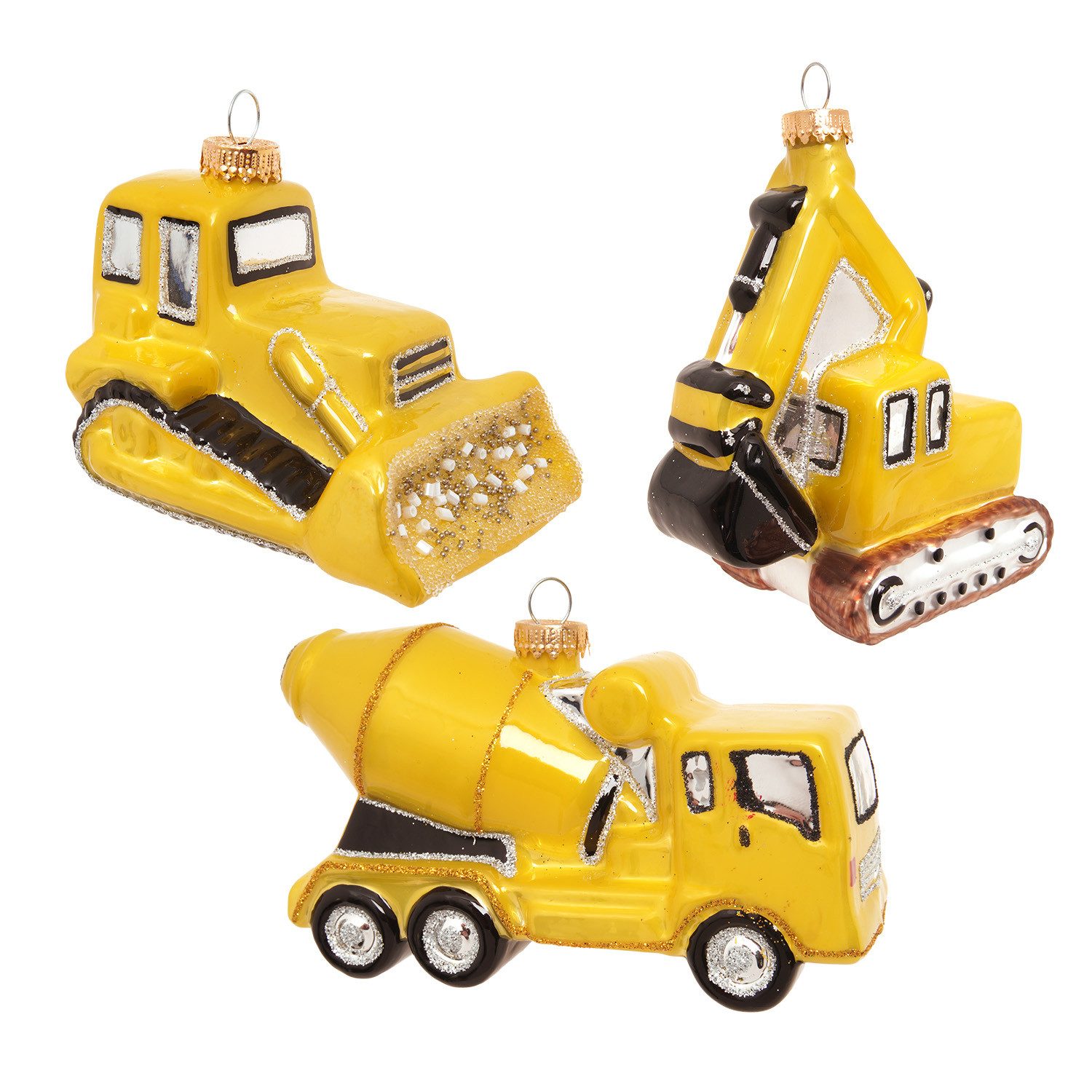 Krebs Glas Lauscha Weihnachtsbaumkugel Baumschmuck Baustellenfahrzeuge-Set gelb 9/12cm, Dekoriert mit Liebe zum Detail