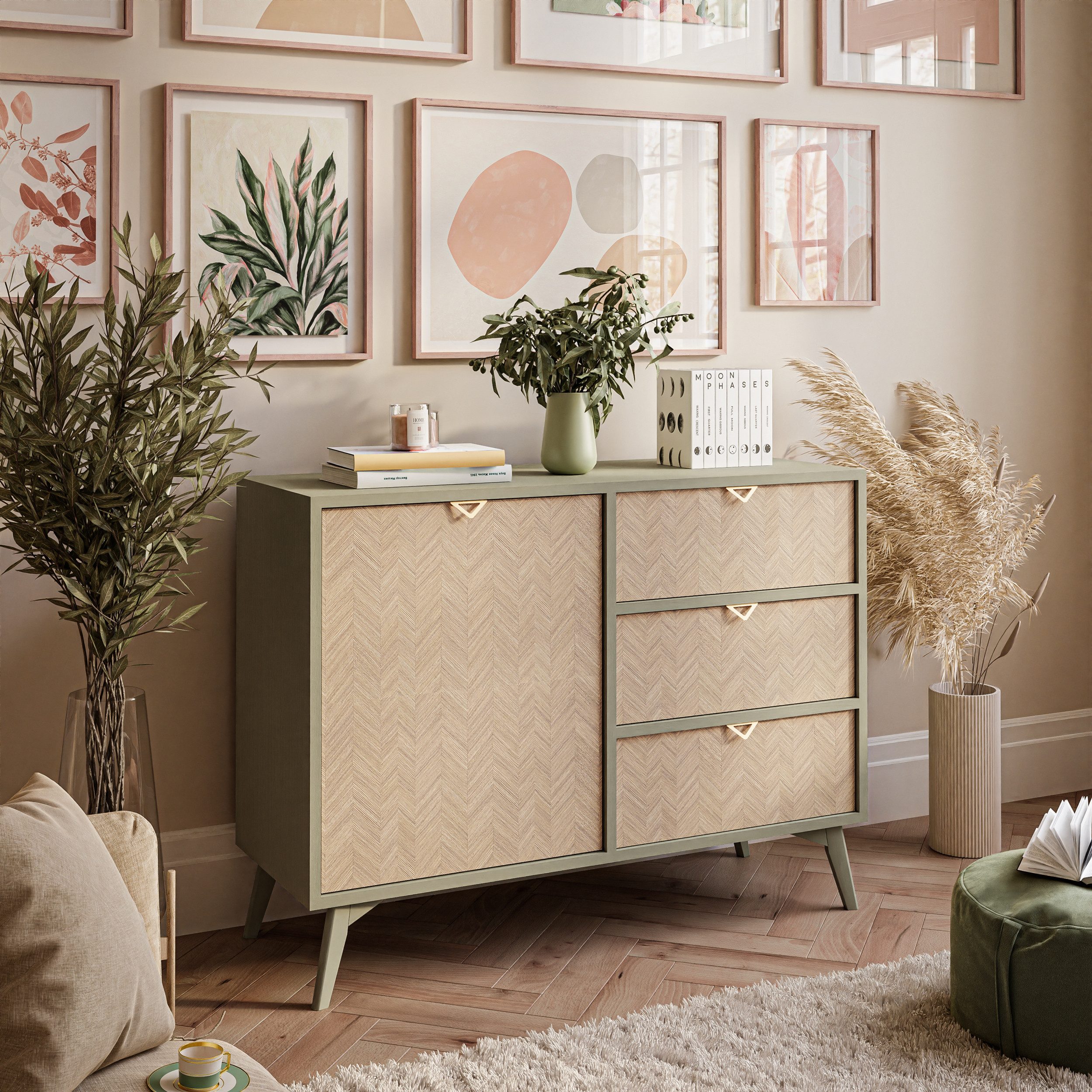 Lookway Kommode ALOE KSZD106 mit Drehtür und drei Schubladen, 106x38x80 cm – Bild 3 von 5