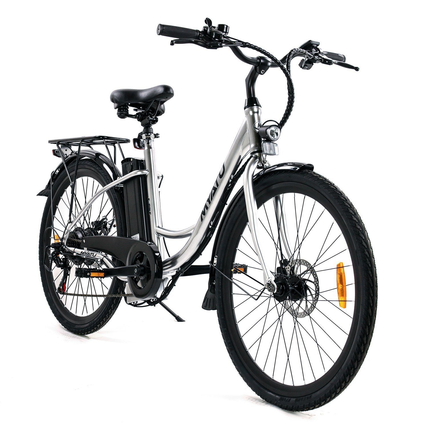 Myatu E-Bike tiefeinsteiger-Rahmen, Silber Cityfahrrad 26 100km Damenfahrrad zu Reichweite Zoll Gang, von mit Hinterradmotor, 6 bis E