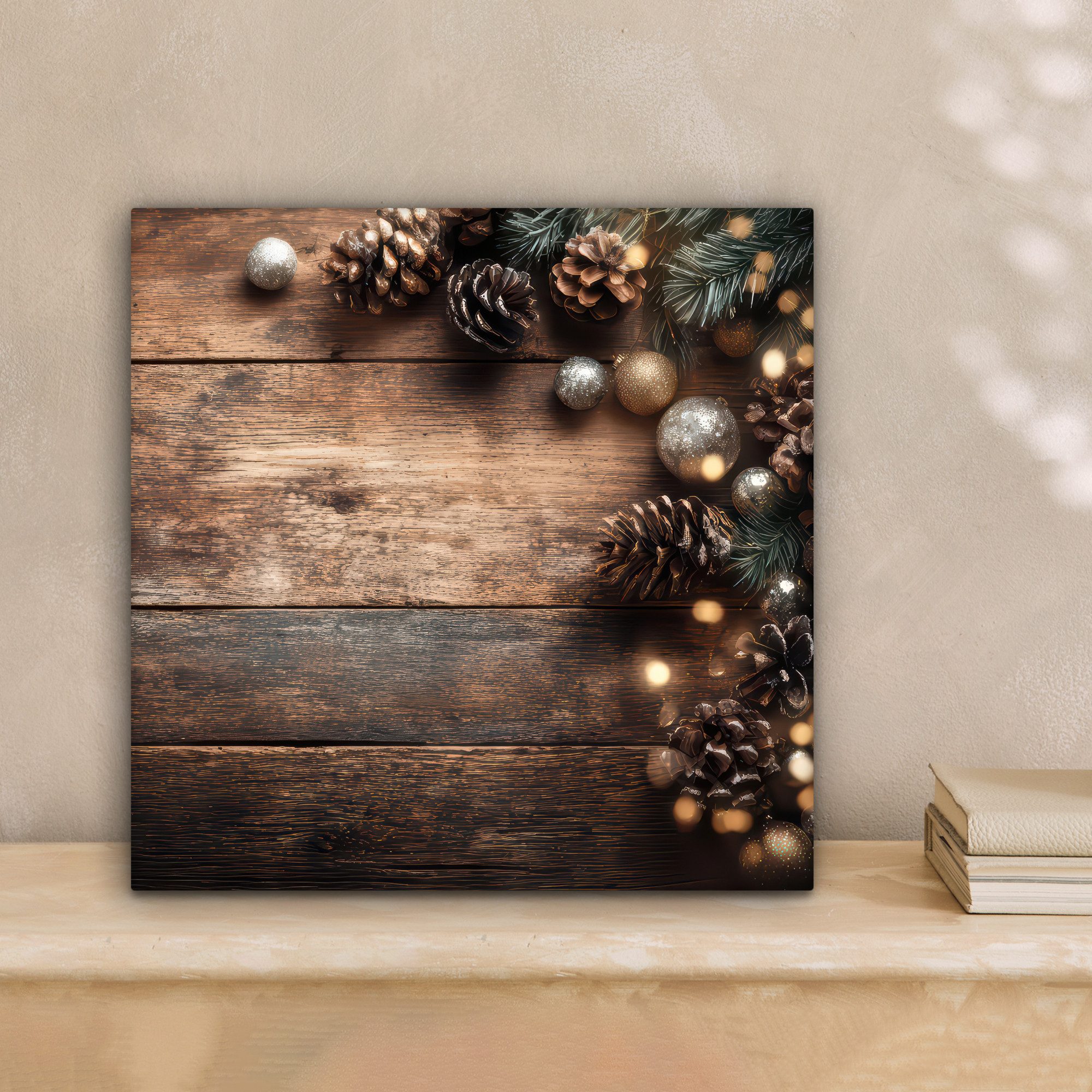 OneMillionCanvasses® Leinwandbild Weihnachts-Eckdekoration - Tannenzapfen - Lichter, Fotodruck (1 St), Wandbild, Deko Schlafzimmer Wohnzimmer Flur 20x20 cm