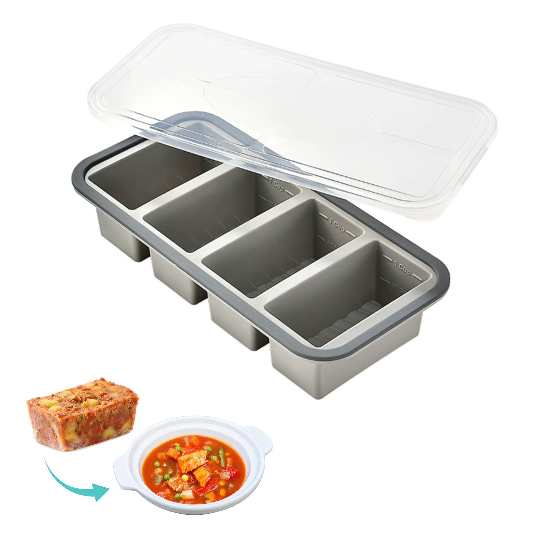Agger Eiswürfelform Silikon Gefrierform mit Deckel – 4 Fächer, Stapelbar & Flexibel, (1-tlg), für Suppe, Soße & Eiswürfel, Leichtes Entformen