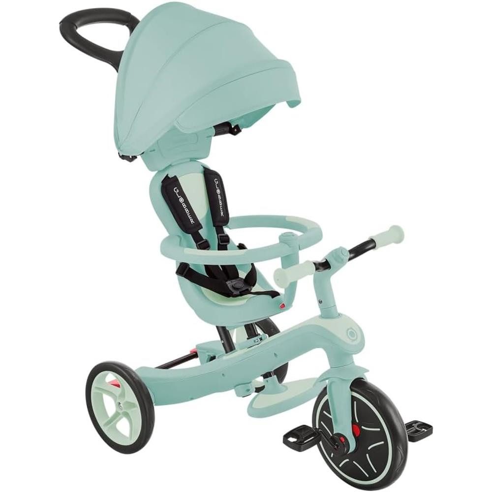 Globber Dreirad-Kinderwagen EXPLORER TRIKE 4in1 ECO Kinderwagen Dreirad Laufrad, (4-in-1 Kinderfahrzeug), Mit 5-Punkt-Gurt, Sicherheitsbügel, Kopfstütze und Hinterradbremse
