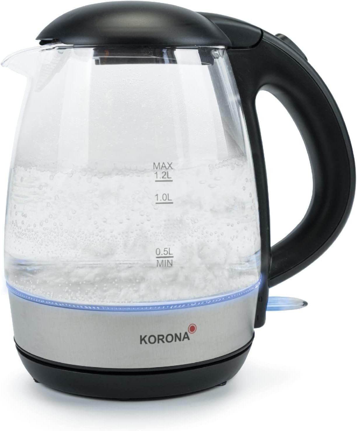 KORONA Wasserkocher Glas Wasserkocher 20608 1,2 Liter 2200 Watt Edelstahl LED, 1.2 l, 2200 W