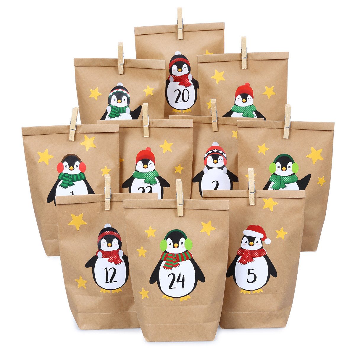 PAPIERDRACHEN DIY-Adventskalender Pinguin Motive (24-tlg), Tütengröße 14×22×5 cm