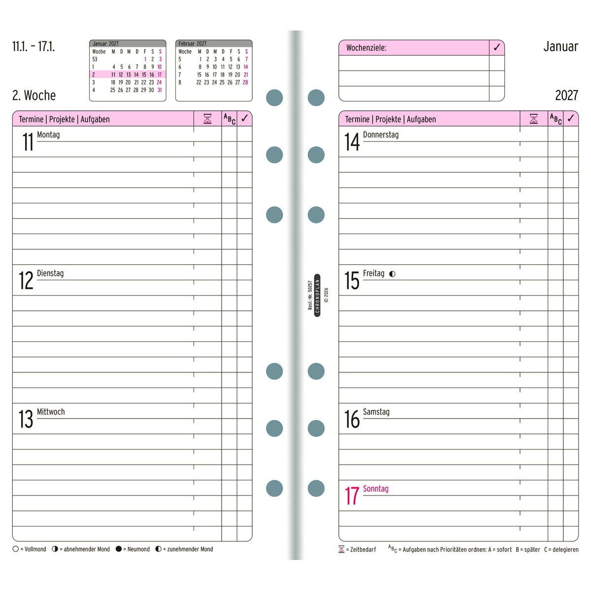 CHRONOPLAN Terminplaner Chronoplan Wochenplan Midi 2027 1 Woche/2 Seiten in Zeilen