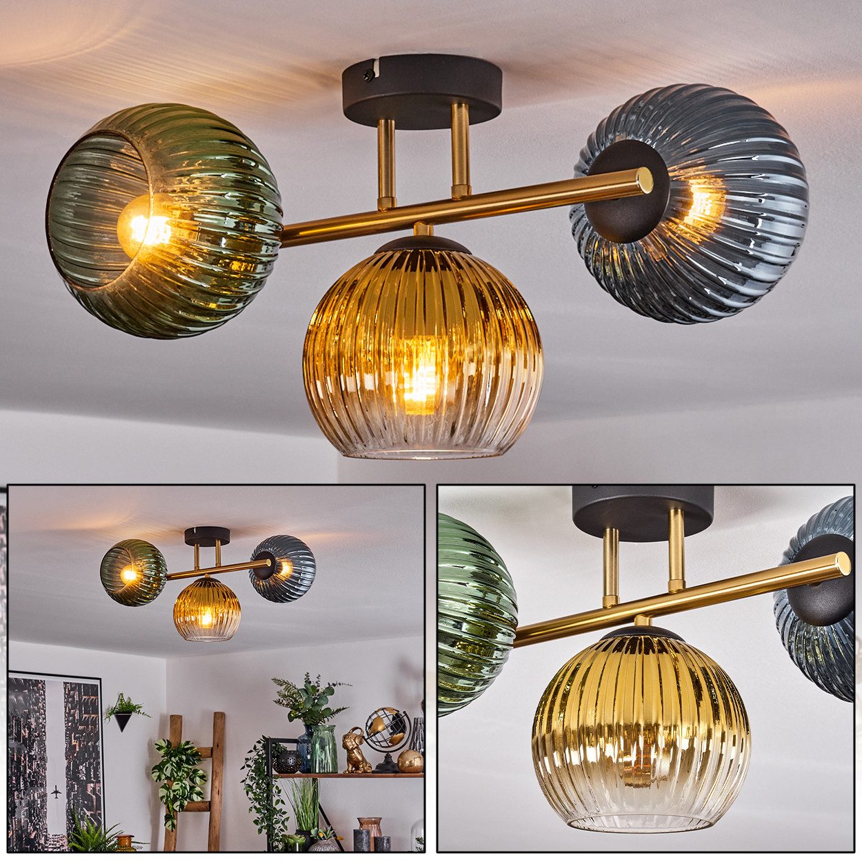 Deckenleuchte Deckenlampe aus Metall/Riffelglas in Schwarz/Gold/Klar/Grün/Blau