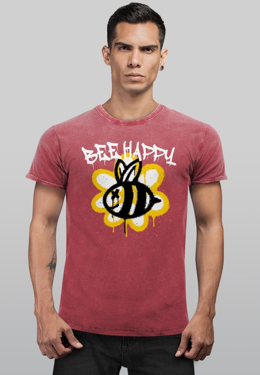 Schriftzu Biene Happy Aufdruck Vintage-Shirt Graffiti mit Neverless Print Print-Shirt rot Herren Bee Blume