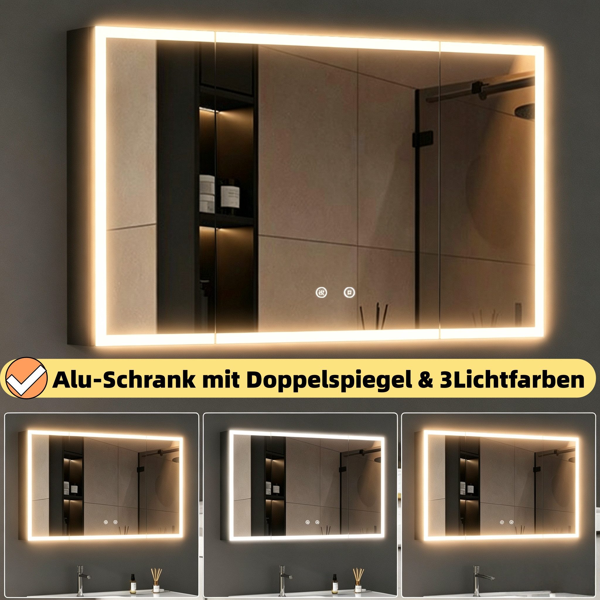 WDWRITTI Spiegelschrank 3türig 100x60x13,5cm Schwarz Metall Kalt/Neutral/Warmweiß Dimmbar (Badezimmerspiegelschrank mit LED Beleuchtung, Speicherfunktion, Anti-Fog, Doppel Spiegel) Aluschranktür, vormontiert geliefert, Netzadapter & Stromkabel