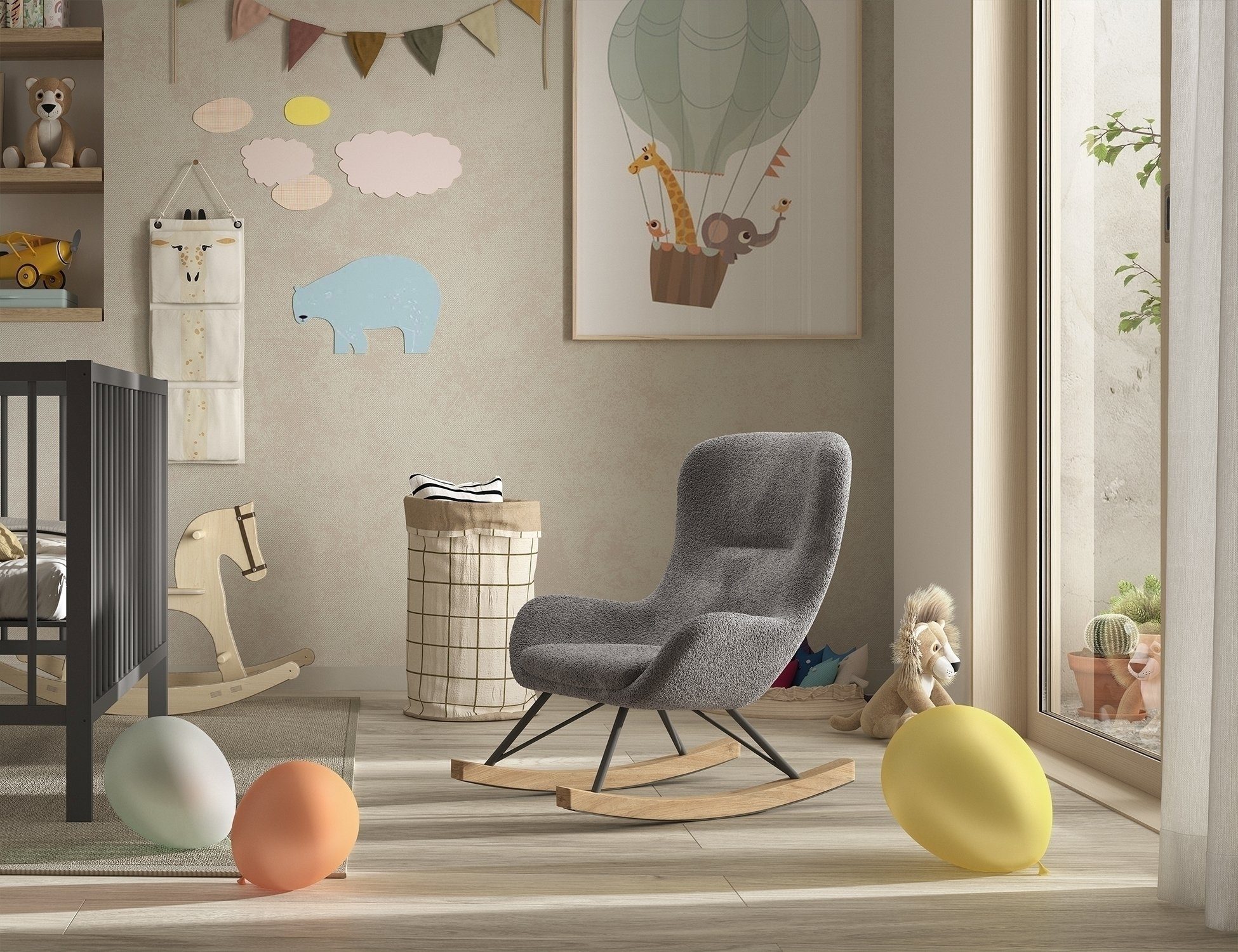 Vipack Schaukelstuhl ROCKY, in Bouclé Anthrazit, Stoff und Holz - 55x69x65cm (BxHxT)