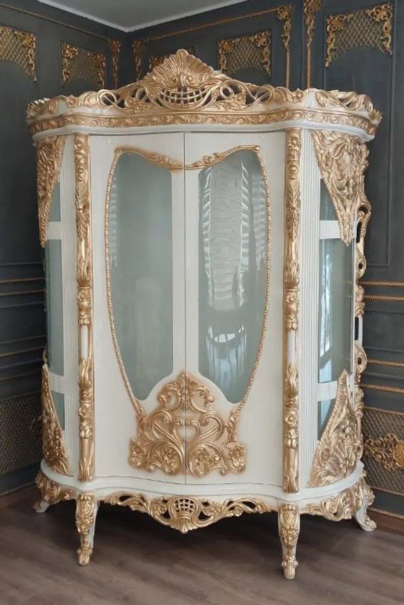 Weiß Barock Massivholz Prunkvoller / 2 - Padrino Barock - Luxus Gold Möbel Vitrinenschrank Casa Glastüren Vitrine mit Vitrine Handgefertigte