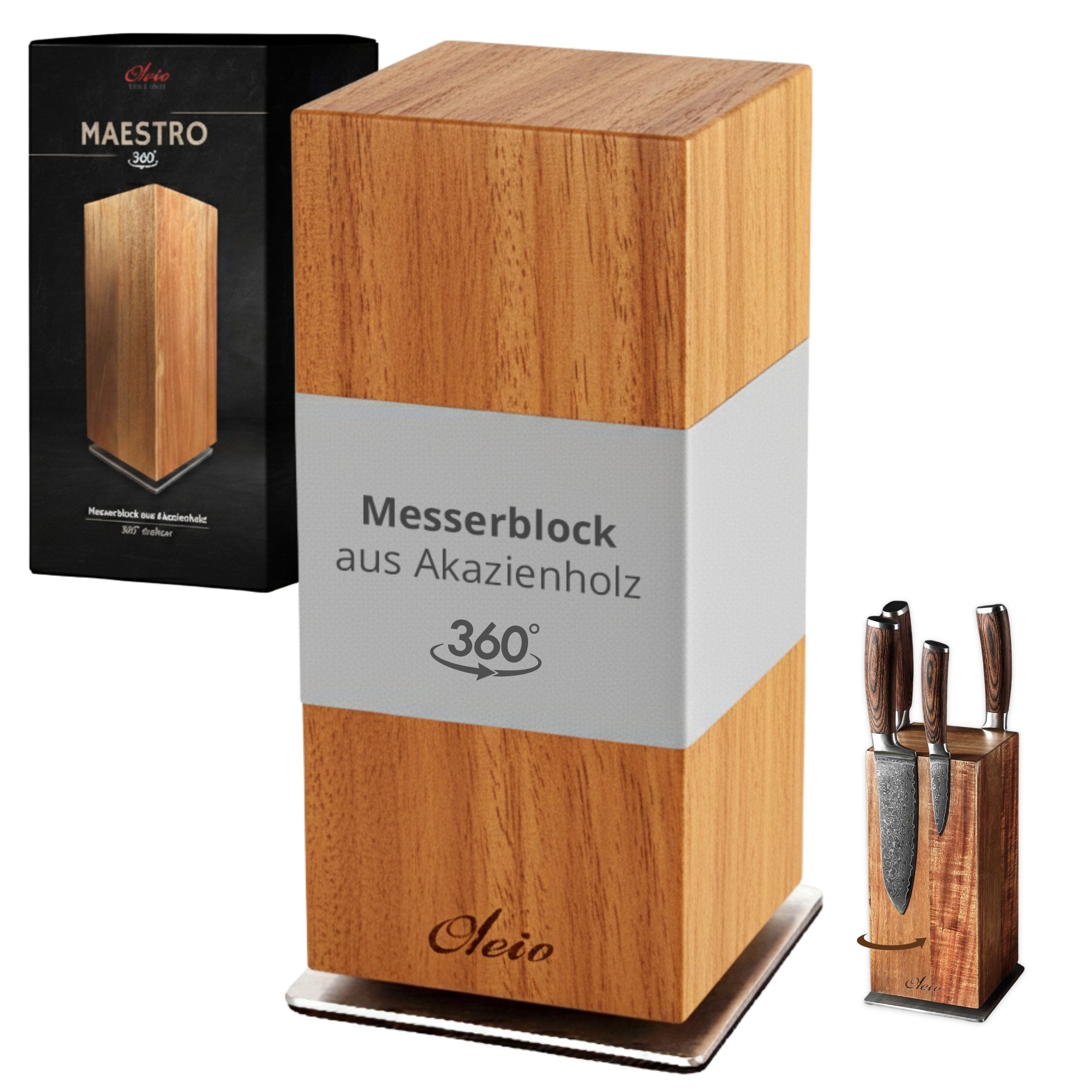 Oleio Magnet-Messerblock Maestro 360° drehbarer Ножиblock aus Akazienholz, bis zu 8 Ножи