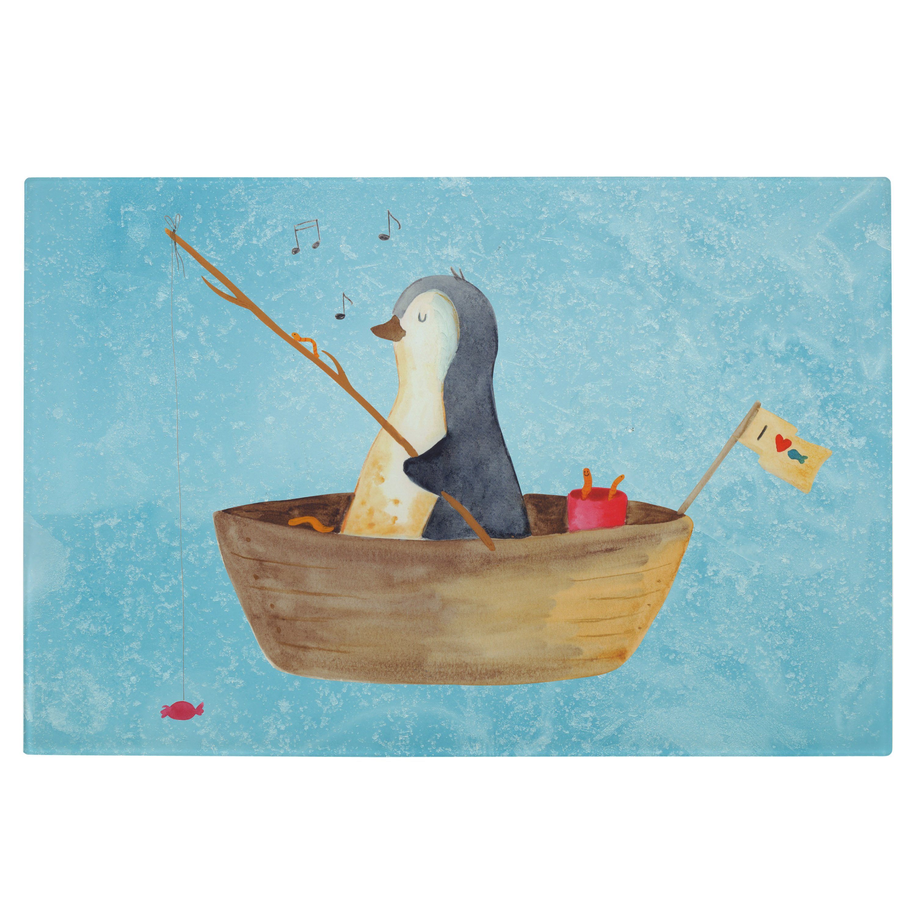 Mr. & Mrs. Panda Servierbrett Pinguin Angelboot - Eisblau - Geschenk, Glasschneidebrett, Angeln, Sc, Premium Glas, (1-St)