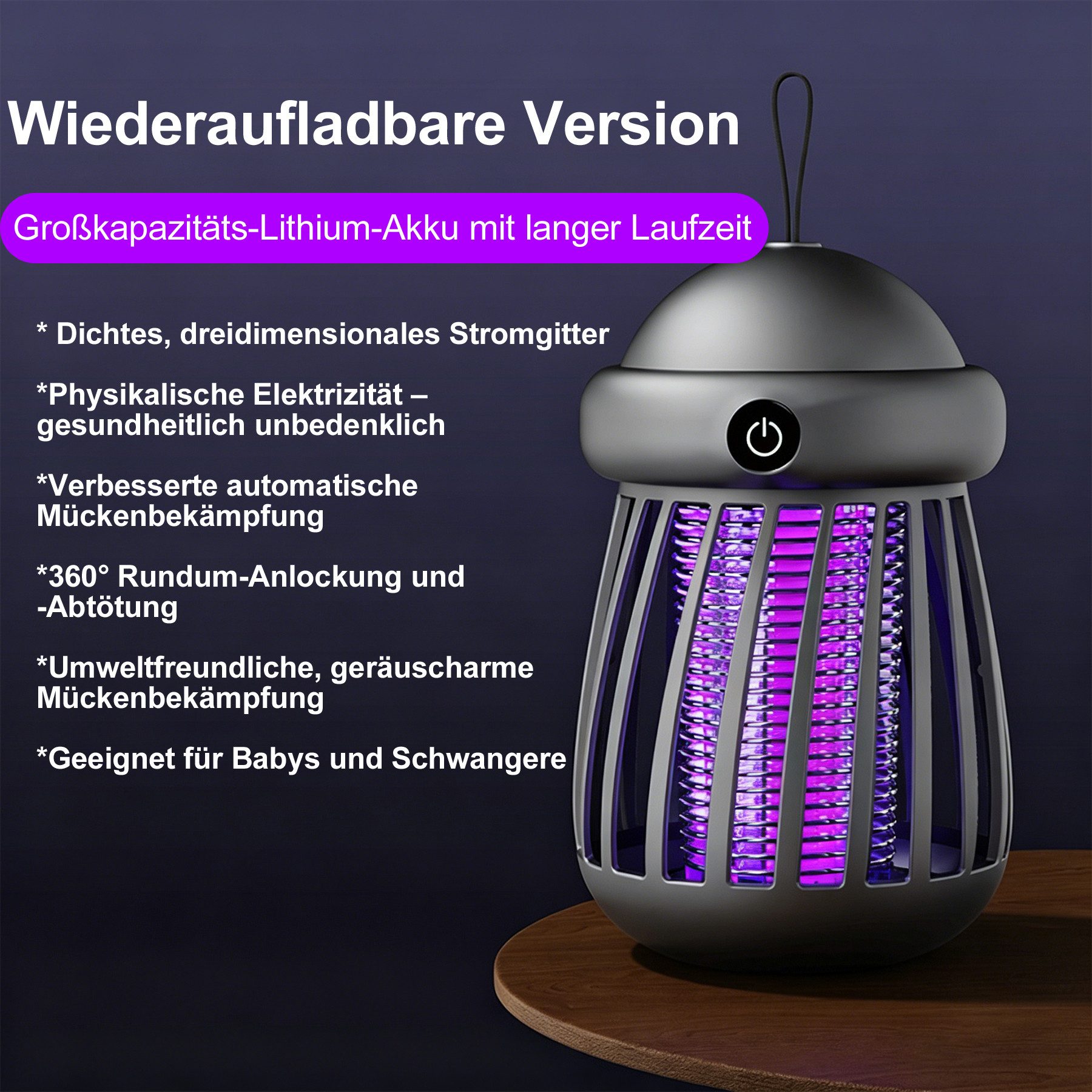 Senmudi Insektenvernichter Mückenfalle 1200mAh Elektrisch USB Wiederaufladbarer Mückenvernichter, Elektrische Lampe Fliegenfalle Insektenschutz für Schlafzimmer Mücken