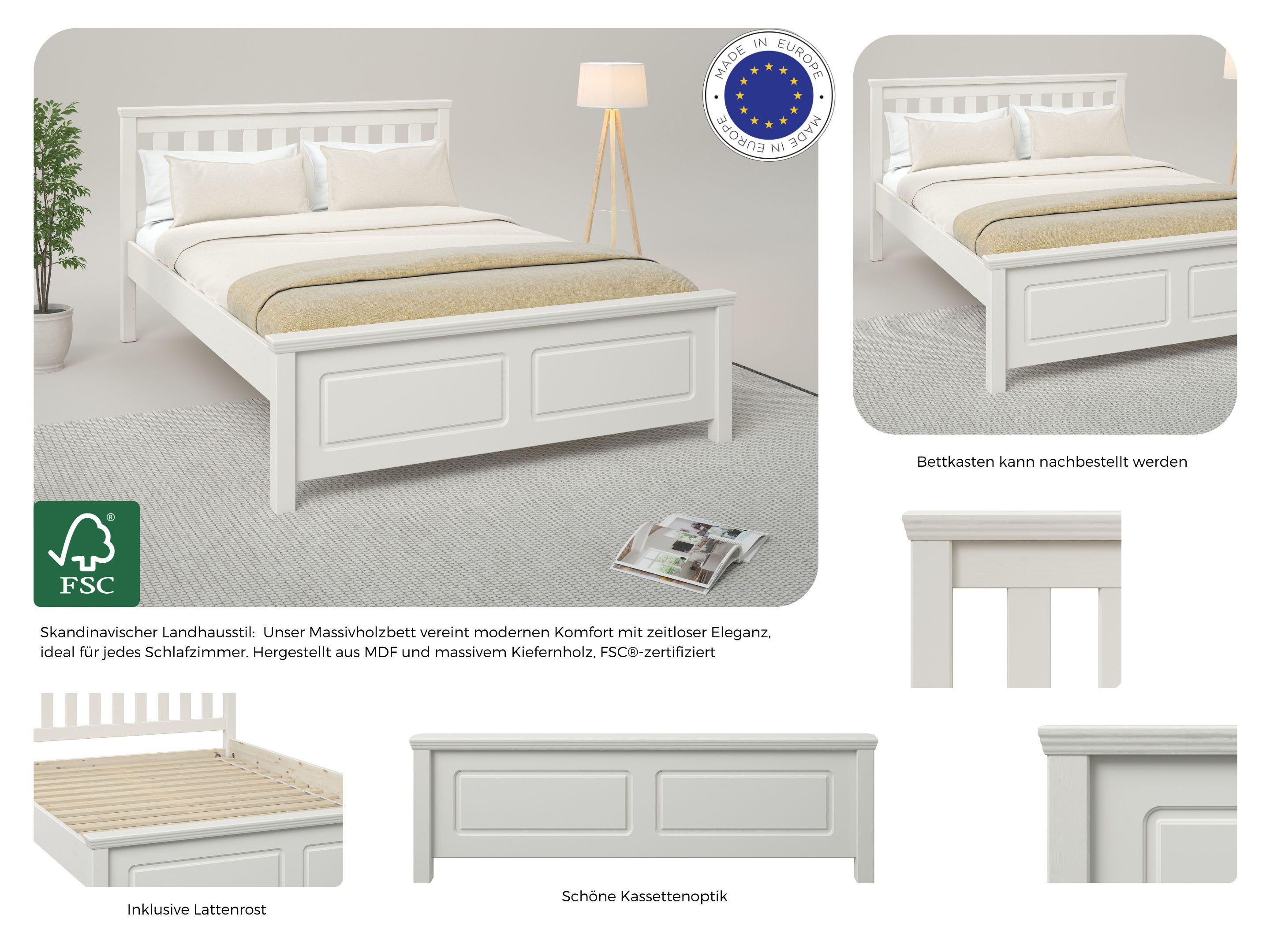 OTTO home Bett Fredegard, skandinavischer Stil, vielseitig kombinierbar, 2 Breiten (180er oder 140er Breite), Sprossen am Kopfteil, mit Lattenrost, Kassettenoptik