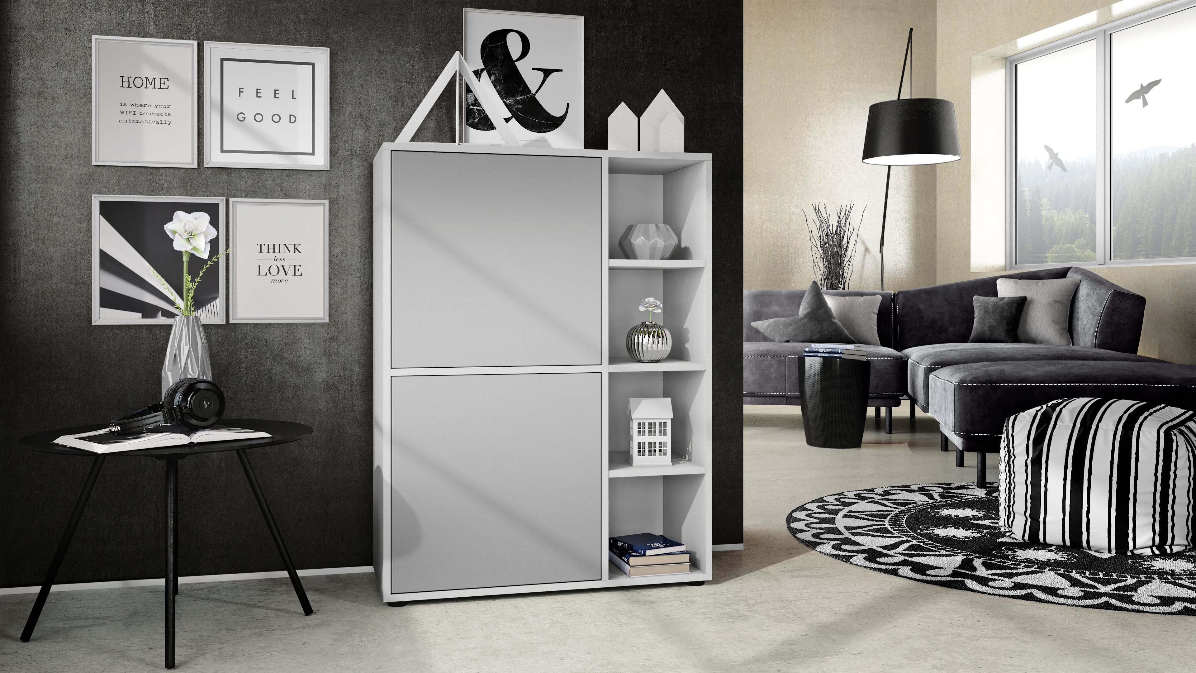 Vladon Highboard Cuba (Anrichte, mit 2 Türen und 4 offene Fächer), Weiß matt/Hellgrau seidenmatt (79 x 105,5 x 35,5 cm)