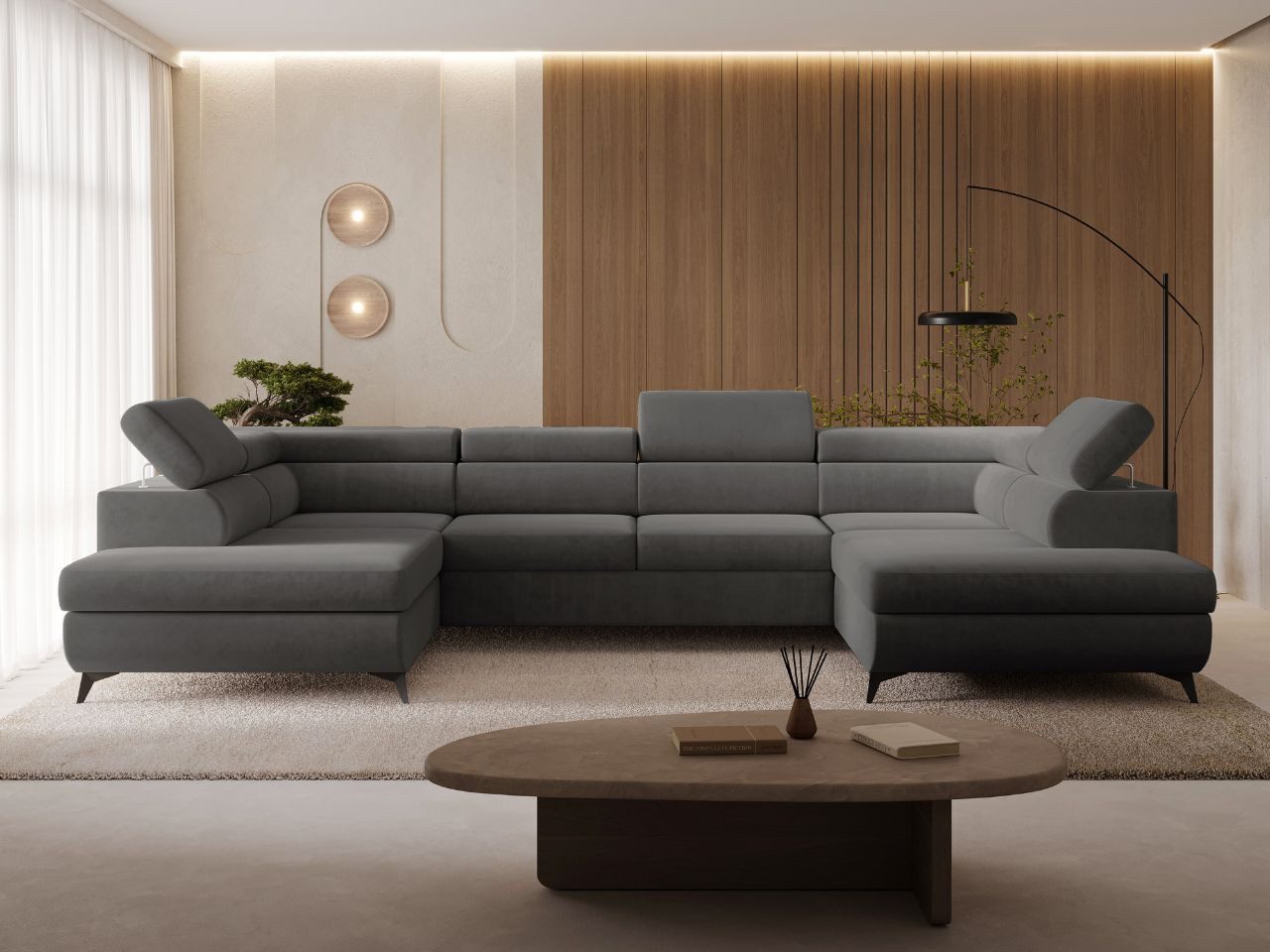 GrainGold Ecksofa U-Form Argon U, Set, Bettkasten, Wellenfedern, Verstellbare Kopfstützen, Schlaffunktion