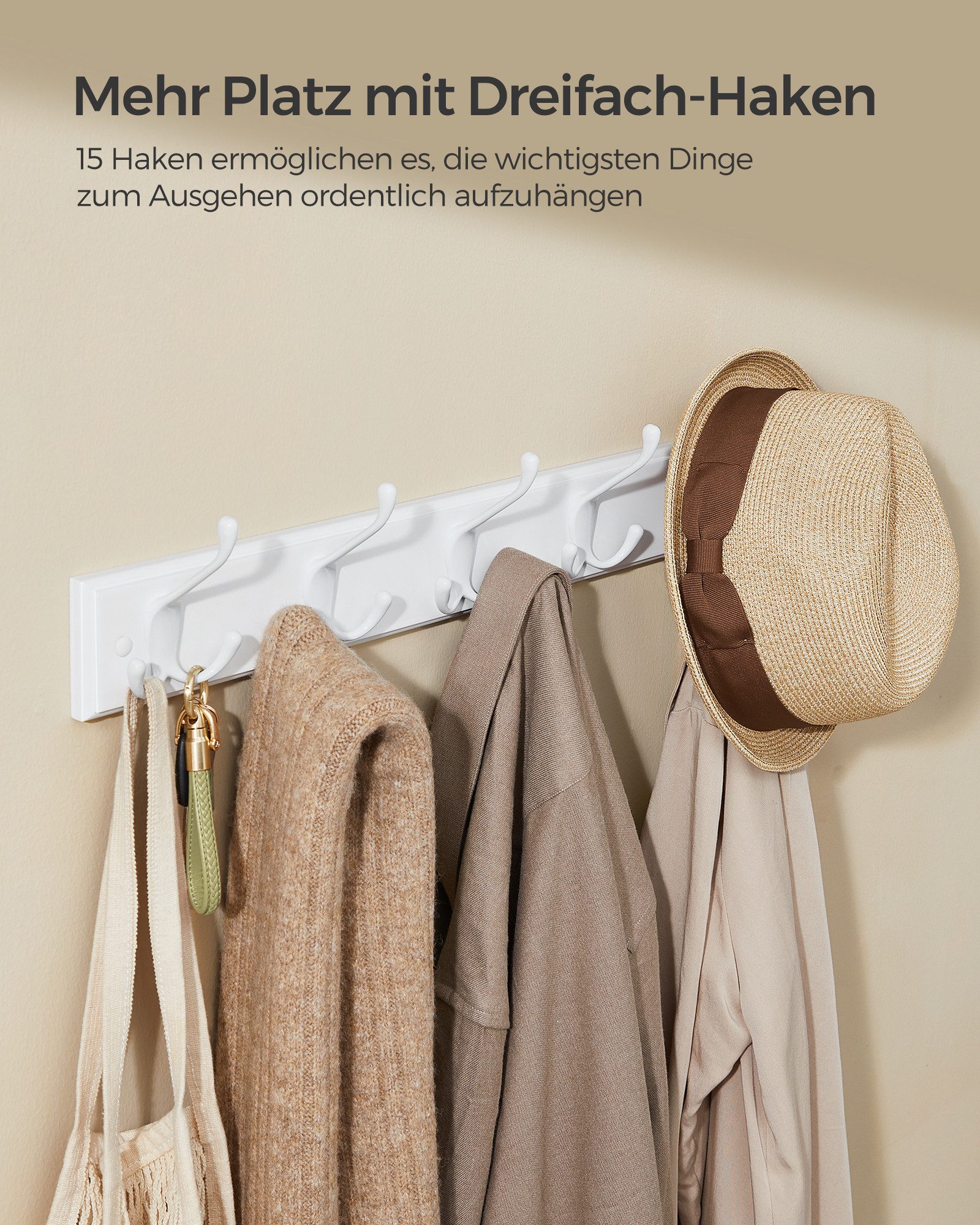 SONGMICS Wandgarderobe Garderobenleiste, Hakenleiste für Kleidung, Taschen, vormontiert, weiß (1er Set), 5 Dreifach-Kleiderhaken, 50,4 x 7 x 4,6 cm (L x B x H)
