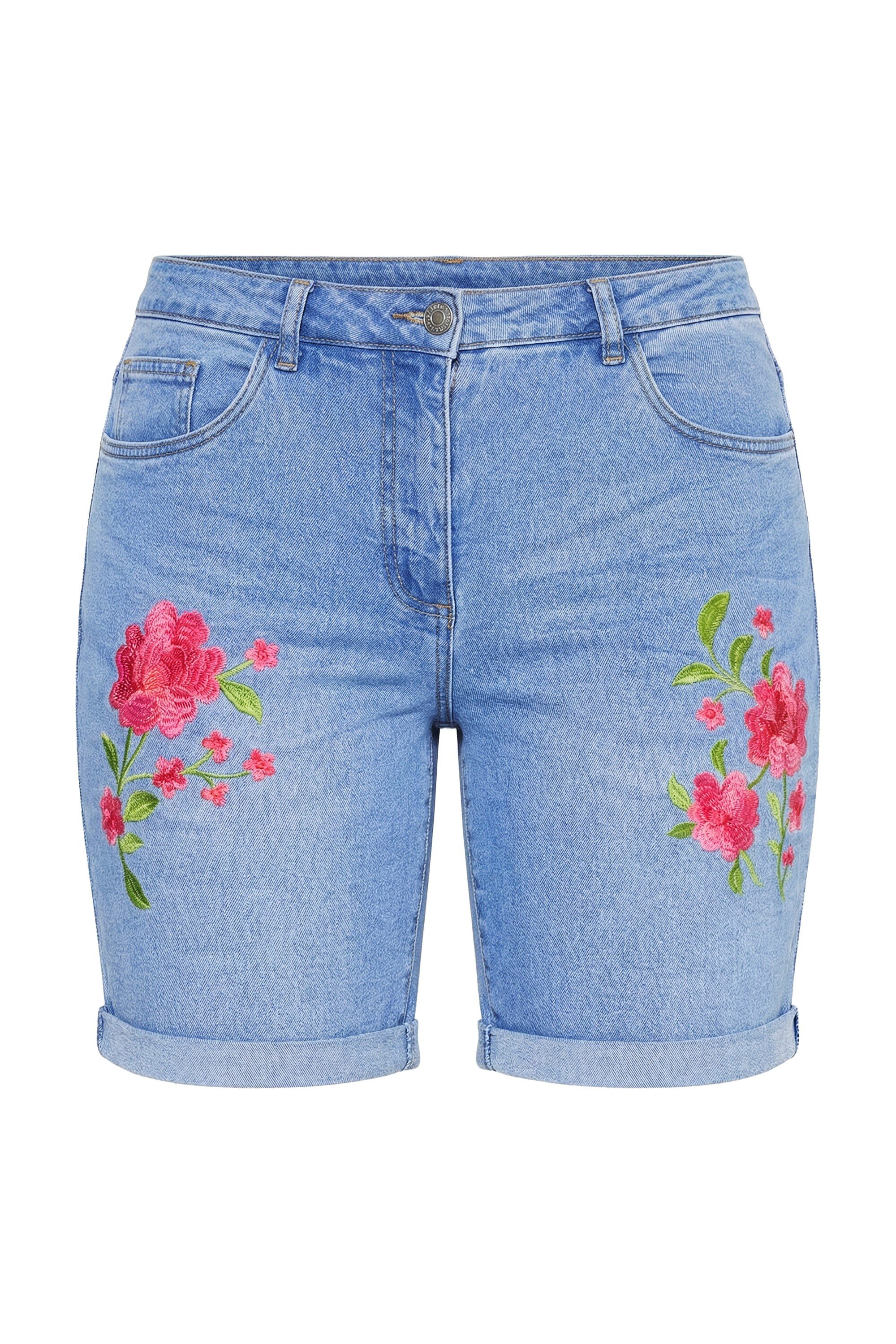 MIAMODA 5-Pocket-Jeans Jeans-Shorts weites Bein Blumen-Stickerei 5-Pocket