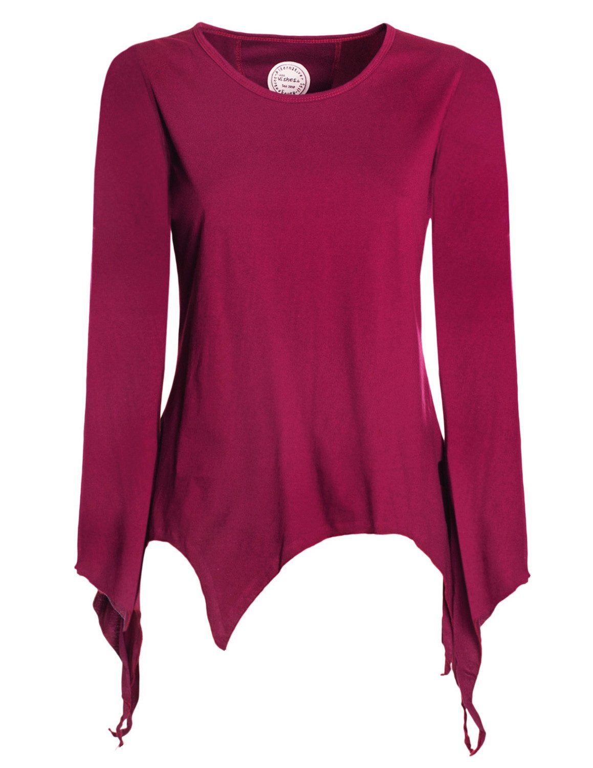 Vishes Zipfelshirt Damen Langarm Shirt Rundausschnitt Zipfelsaum Jersey Alternative Mode, Boho, Hippie, Ethno, Festival