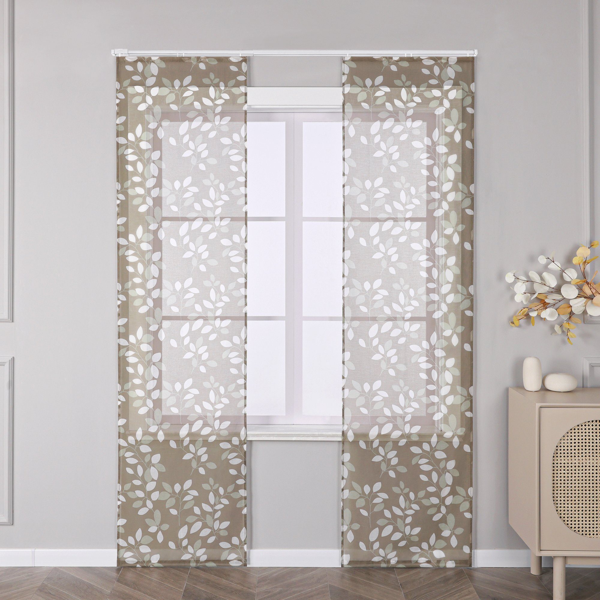 Joyswahl Schiebegardine Florales (2 St), Klettband, halbtransparent, Mikrofaserqualität, Landhausstil Fertiggardine, mit Befestigungsyubehör, Blatt