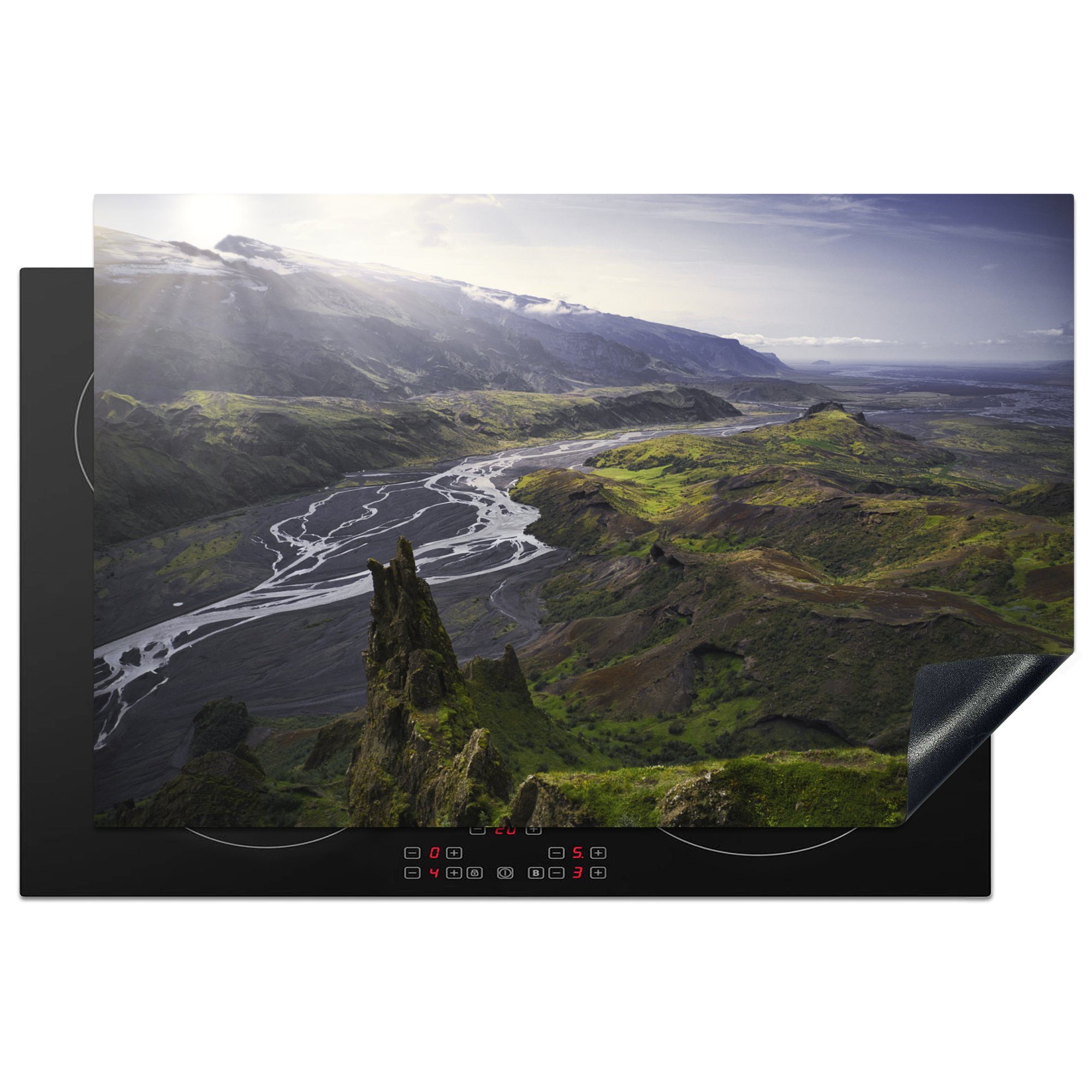 MuchoWow Herdblende-/Abdeckplatte Blick über Island mit Eyjafjallajökull, Vinyl, (1 tlg), 81x52 cm, Induktionskochfeld Schutz für die küche, Ceranfeldabdeckung