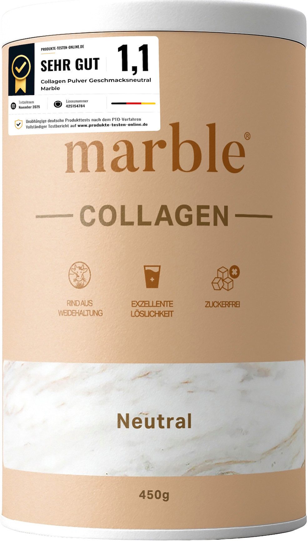Marble Kollagen Pulver Geschmacksneutral 450g–Peptide Typ 1, 2 & 3 - marble® Pulver, Packung à 1 St., 450 g, Pappdose ohne Plastik