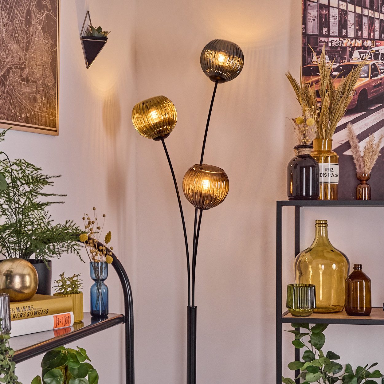 hofstein Stehlampe Stehlampe aus Metall/Riffelglas in Schwarz/Blau/Gold-/Kupferfarben, Stehleuchte Retro/Vintage, Ø Schirme 15 cm, Fußschalter, 170 cm, E14