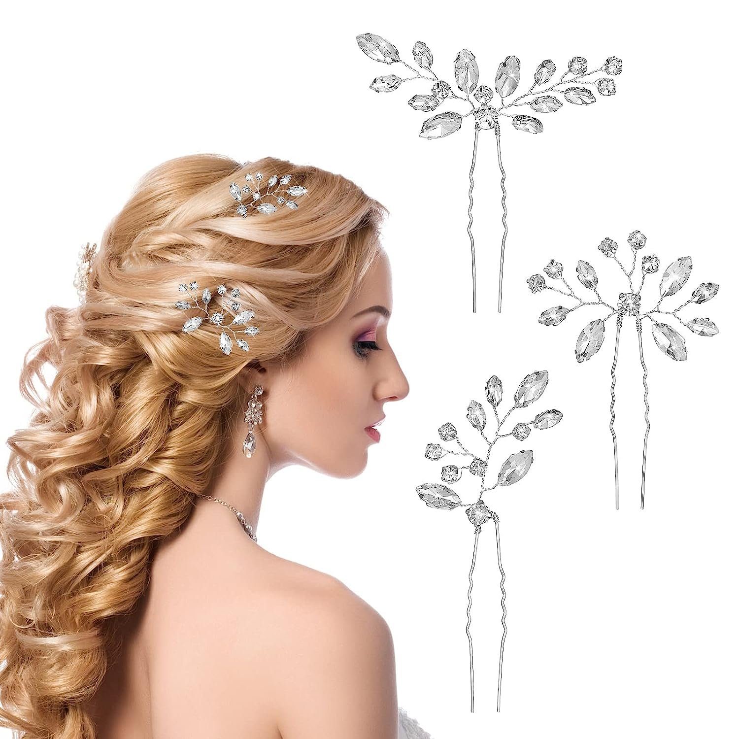 WaKuKa Diadem 3 (3-tlg) Braut-Strass-Haarspangen, Blumen-Strass-Haarspangen Stück