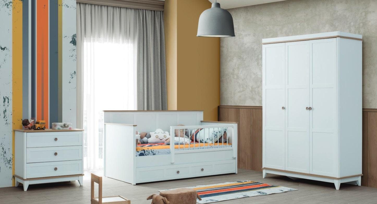 JVmoebel Schlafzimmer-Set Kinderlaufstall Kinderbettchen Garnitur Bettchen Weiß Holz Set 3tlg, (3-St., Kinderbett, Kleiderschrank, Kommode), Made in Europa