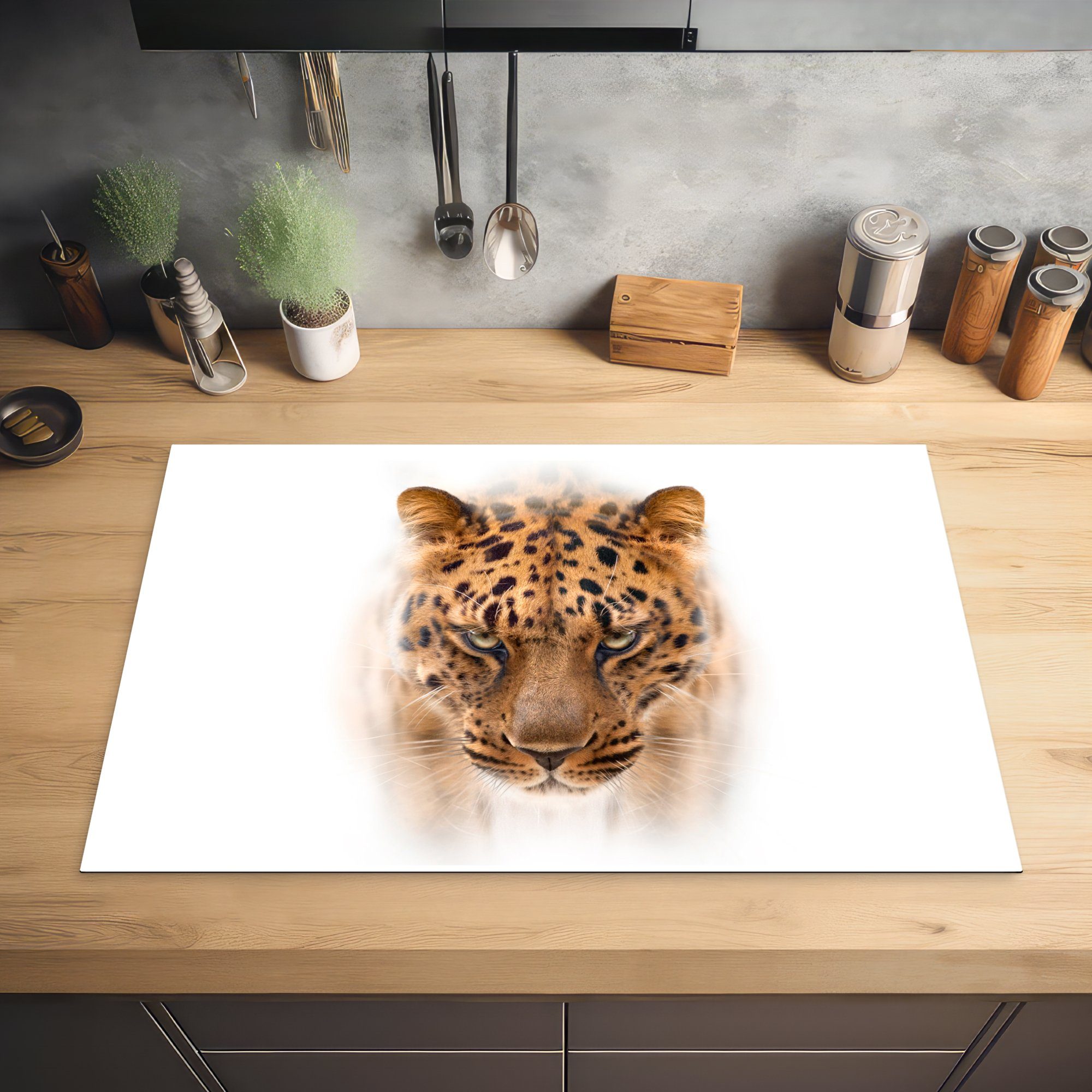 81x52 cm, für - Leopard Ceranfeldabdeckung Herdblende-/Abdeckplatte die MuchoWow (1 Schutz Vinyl, - Induktionskochfeld Weiß Gesicht, küche, tlg),