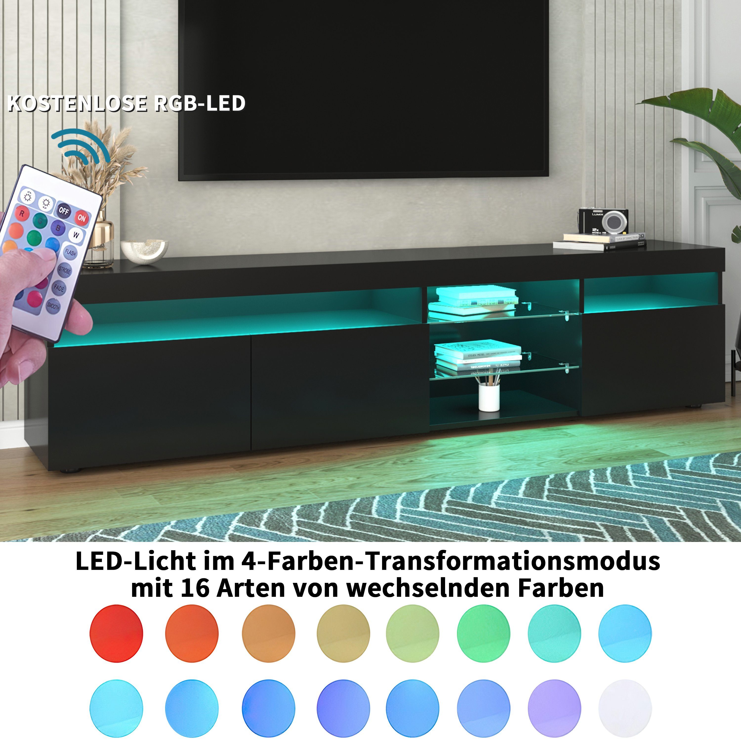 Lowboard (1 St), TV-Schrank Fernsehtisch mit 16 Led Farben Beleuchtung, Glasablage, 3 Türen, Breite 180 cm