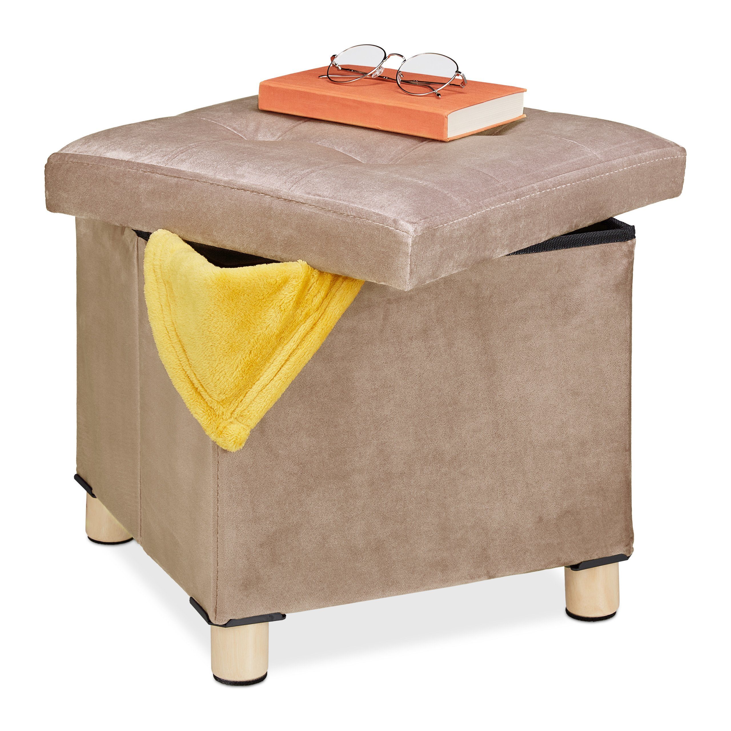 relaxdays Polsterhocker Samthocker mit Tablett, Creme günstig online kaufen