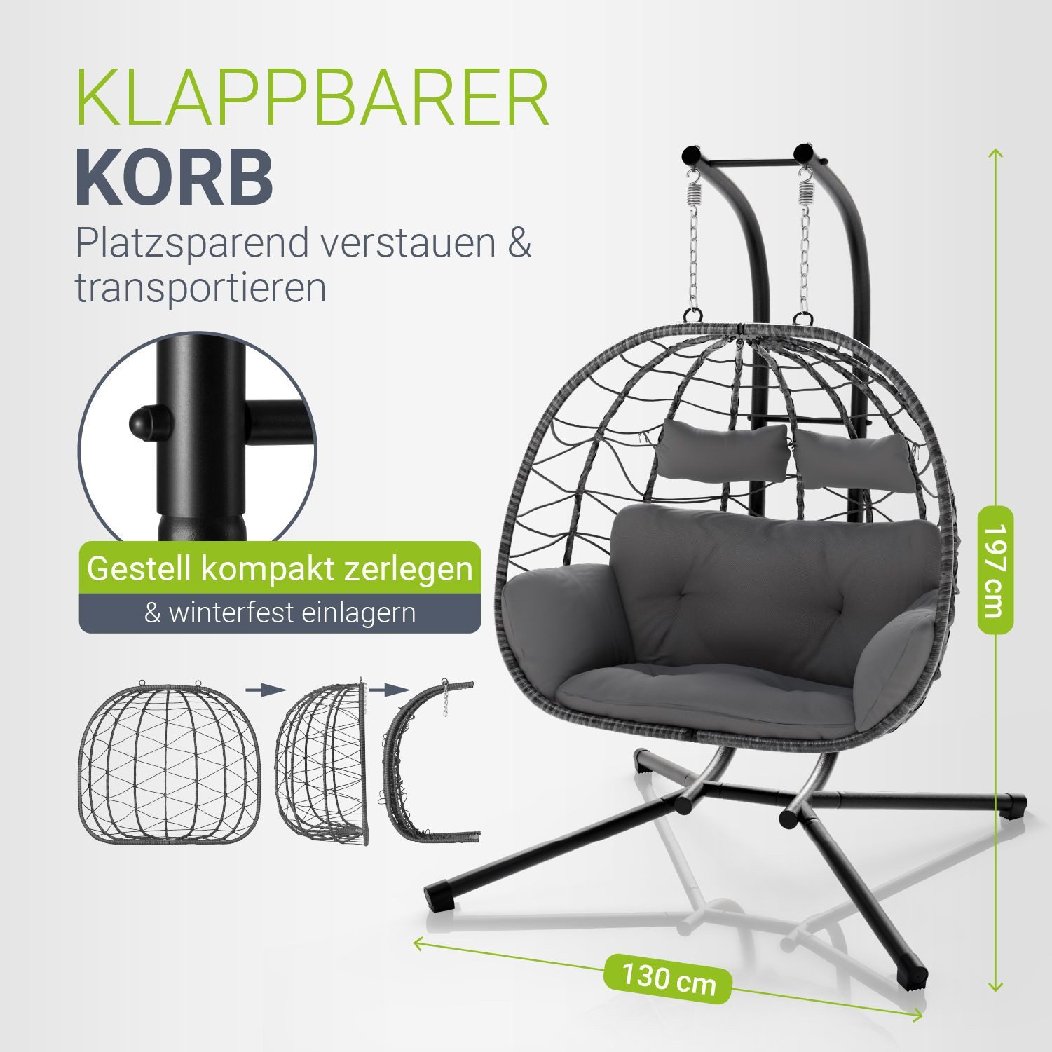 Juskys Hängesessel Aria, Polyrattan Doppelhängesessel, Schaukel mit Gestell & Kissen