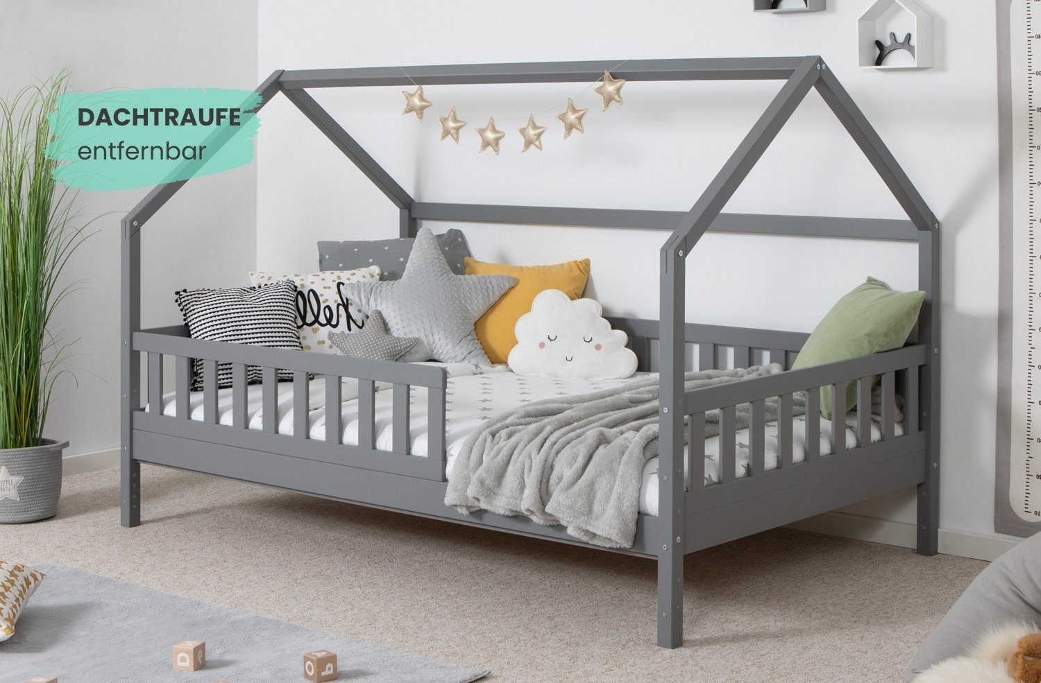 Ticaa Hausbett Kay mit Rausfallschutz aus Kiefer, Kinderbett 90x200, inkl. Dach, mit Rollrost, mit Matratze – Bild 5 von 5