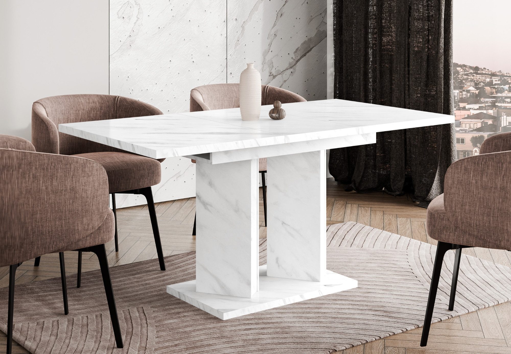 Home Collective Esstisch ausziehbar Tisch Küchentisch Esszimmertisch Ausziehtisch (Esszimmer Küche Wohnzimmer Esstisch erweiterbar), modernes Design Doppel-Säulengestell 120-160x80 cm Weiß Marmor-Optik