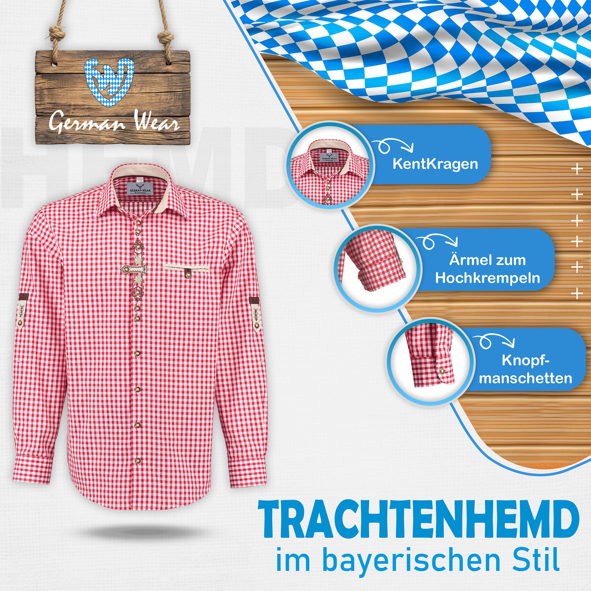 German Wear Trachtenhemd O74 Langarm krempelarm bestickt kariert verziert Hemd mit Stickerei karo